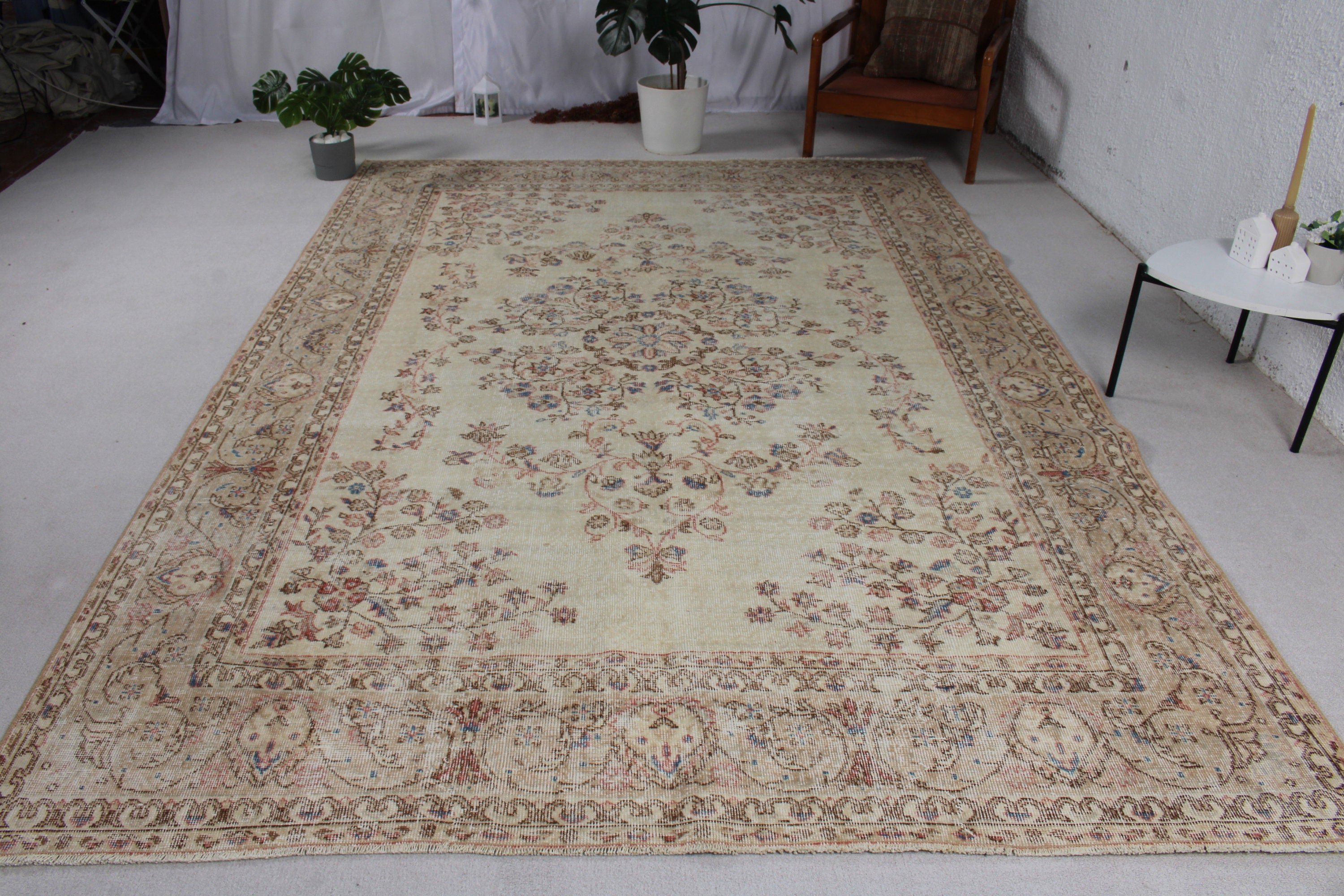 Antika Halılar, Yer Halısı, Bej Fas Halısı, Vintage Halı, Büyük Boy Vintage Halılar, Türk Halısı, Salon Halısı, 7.2x10.5 ft Büyük Boy Halılar