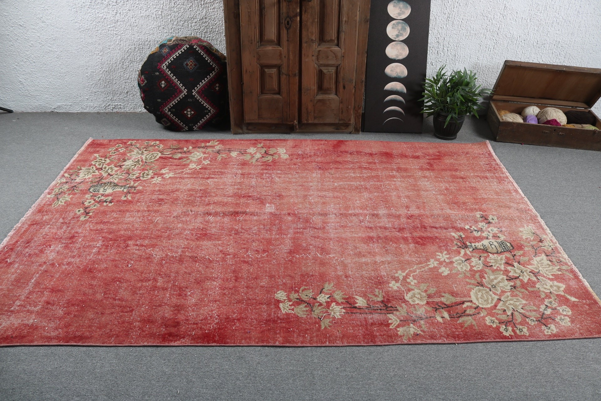 Oryantal Halı, Büyük Oushak Halı, Aztek Halısı, Kırmızı Açıklama Halısı, 5.8x8.5 ft Büyük Halı, Salon Halısı, Vintage Halılar, Türk Halıları