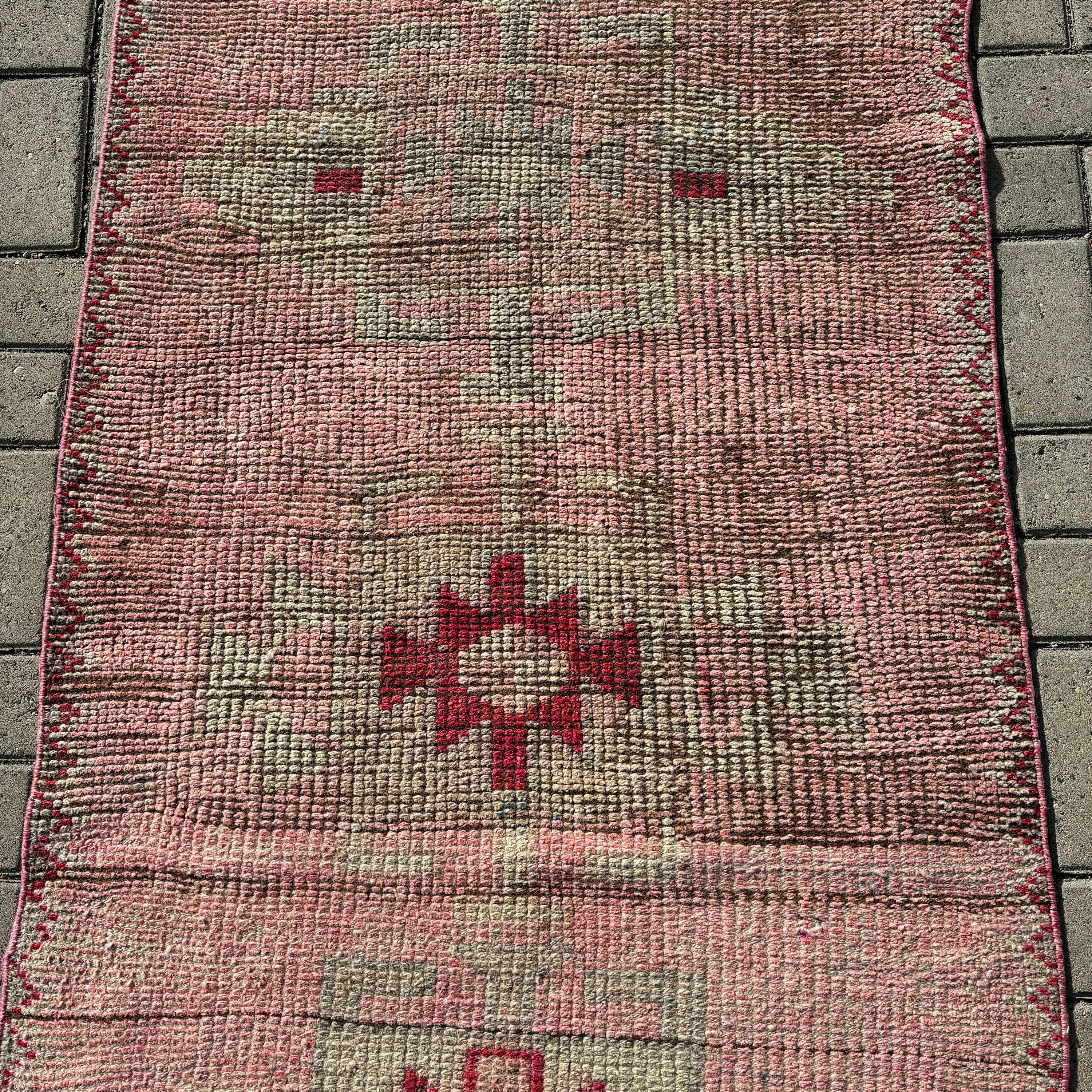 3x11.5 ft Runner Halı, Mutfak Halıları, Yün Halı, Vintage Halılar, Merdiven Halısı, Boho Halıları, Türk Halıları, Pembe Modern Halı, Uzun Koşucu Halıları