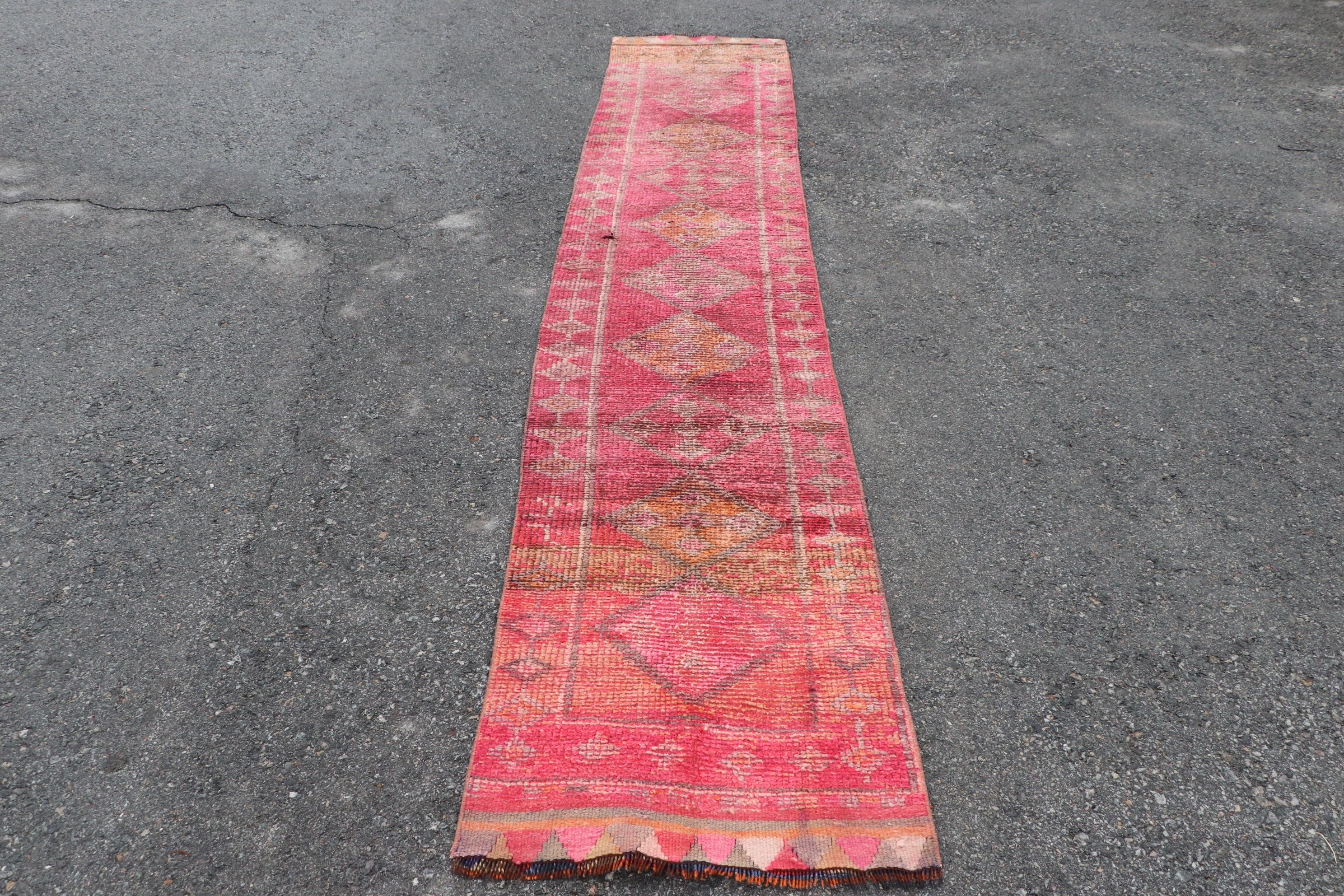 Vintage Rug, Antique Rug, Pink Oriental Rugs, 2.4x12.6 ft Runner Rugs, Stair Rug, Rugs for Kitchen, Corridor Rug, Wool Rug, Turkish Rug