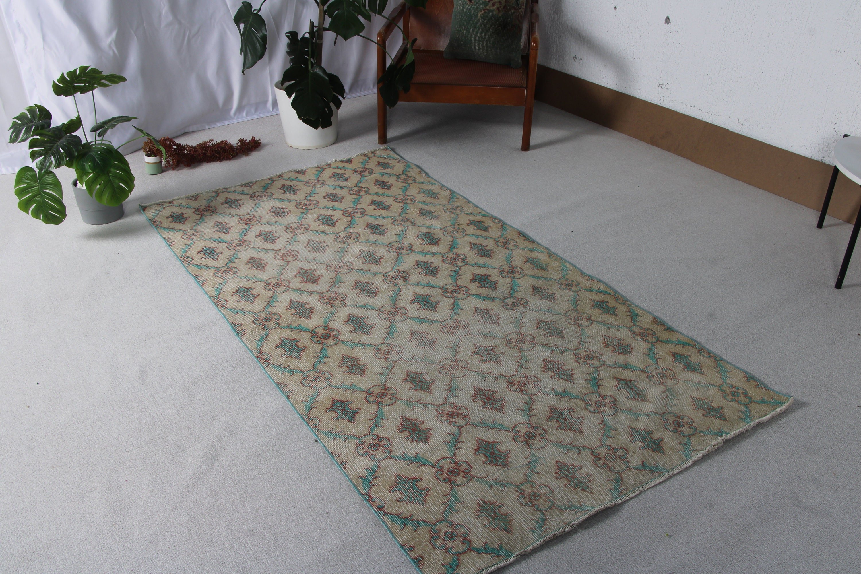 Bej Nötr Halı, Dekoratif Halılar, Vintage Halı, Türk Halıları, Boho Halıları, Yer Halıları, 3,5x6,8 ft Vurgulu Halılar, Vintage Vurgulu Halılar