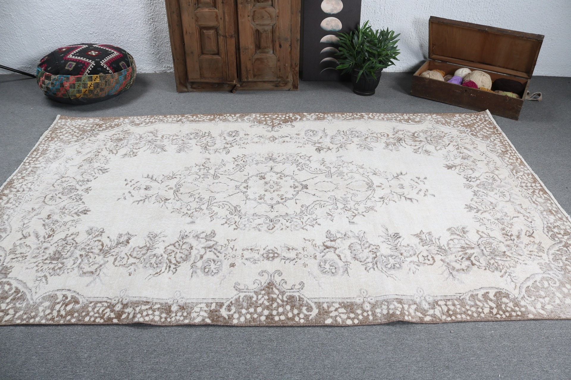 Bej Mutfak Halısı, Vintage Halılar, Oturma Odası Halıları, 5.5x9.2 ft Büyük Halılar, Büyük Oushak Halısı, Türk Halıları, El Dokuma Halı