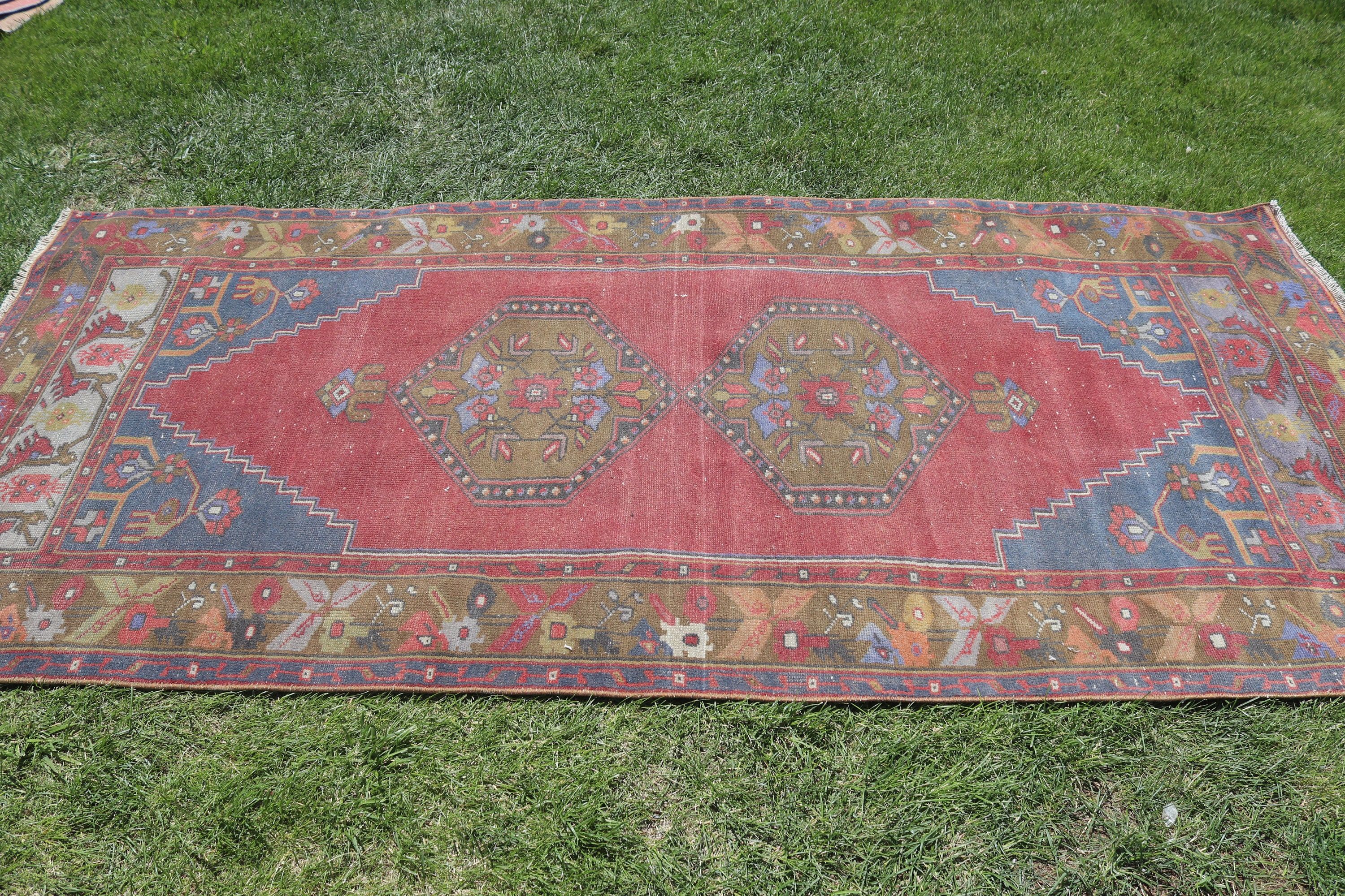 Ethnic Rug, Turkish Rug, Dining Room Rug, Red Floor Rugs, Geometric Rugs, Vintage Rugs, 3.6x8 ft Area Rugs, Rugs for Boho Area, Boho Rug