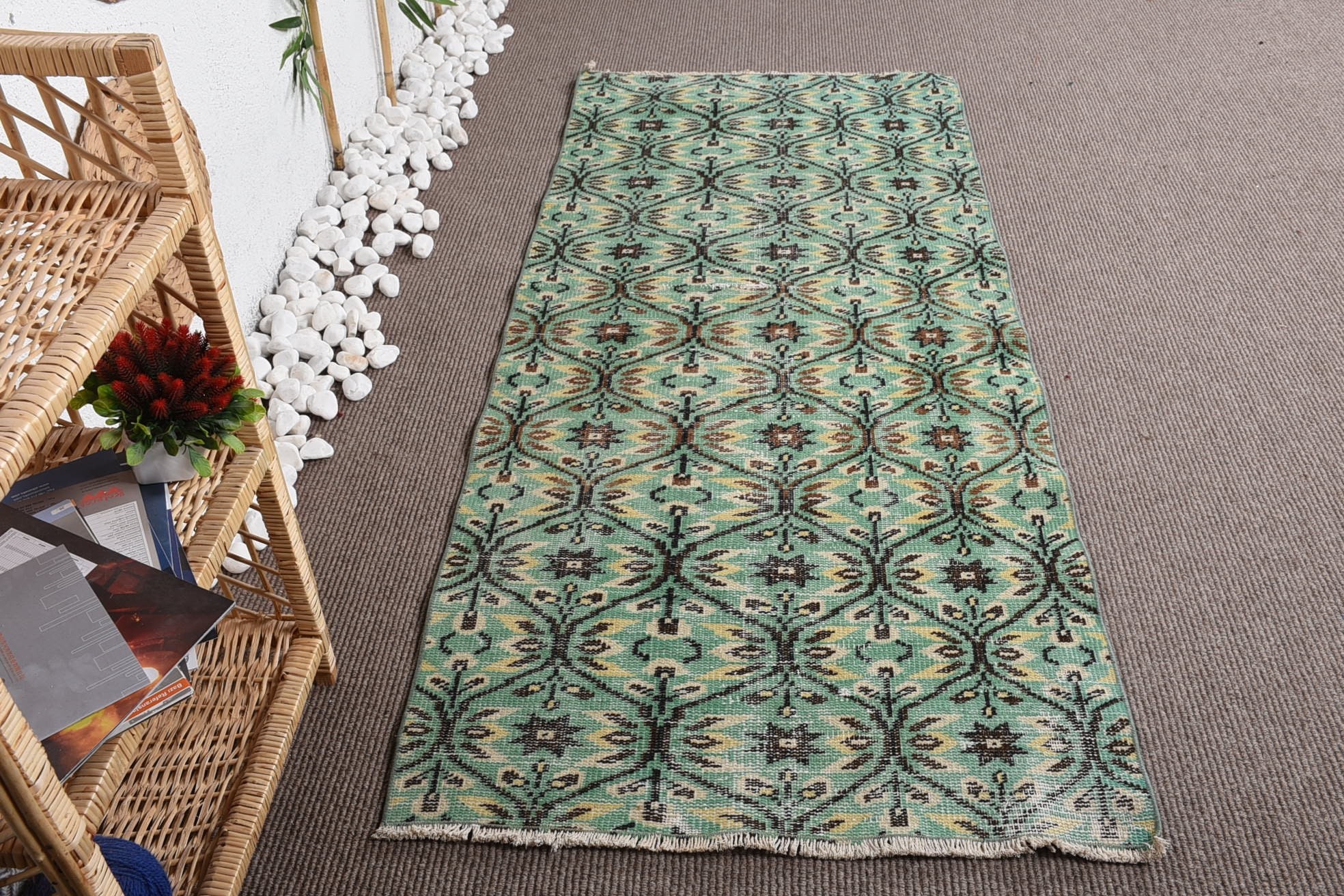 Türk Halısı, Vintage Vurgulu Halılar, Yeşil Zemin Halısı, Vintage Halı, 2,9x6,5 ft Vurgulu Halılar, Havalı Halı, El Dokuma Halı, Dekoratif Halılar, Boho Halılar