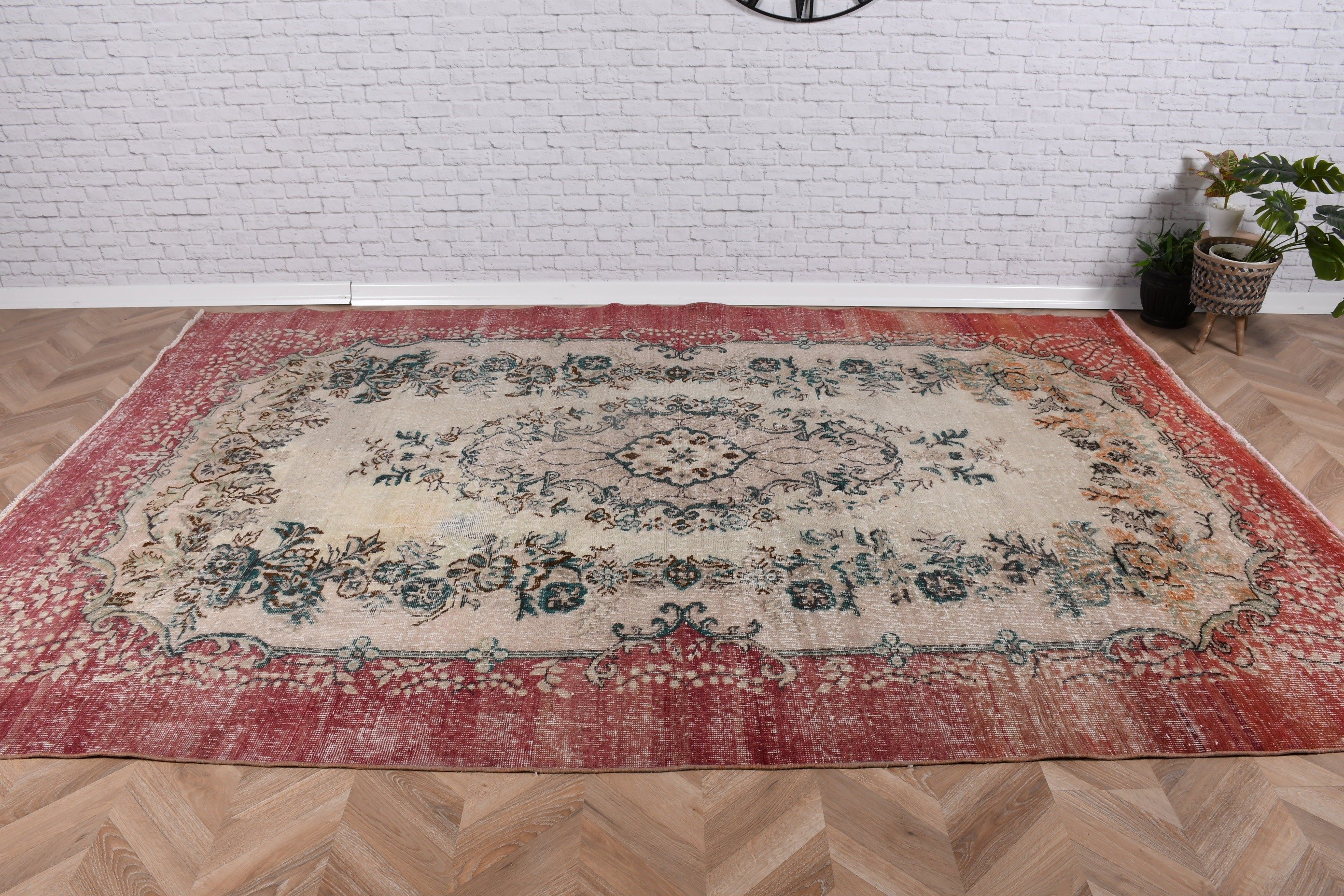 Büyük Boho Halı, Vintage Halılar, Türk Halısı, Antika Halılar, Ev Dekorasyonu Halıları, Kırmızı Geometrik Halı, 6.8x10.2 ft Büyük Halı, Büyük Vintage Halı