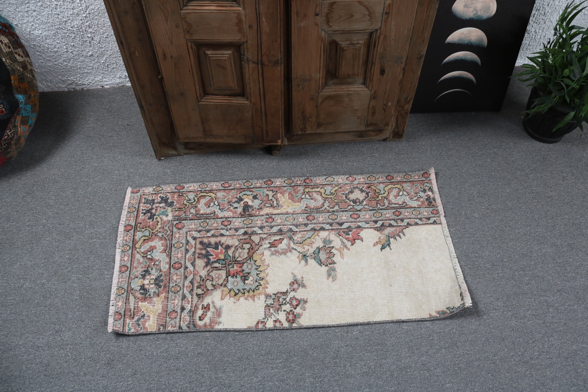 Türk Halıları, Bej 1.7x3.2 ft Küçük Halı, Araba Paspas Halısı, Dış Mekan Halıları, Oushak Halısı, Boho Halısı, Vintage Halı, Duvara Asılı Halı