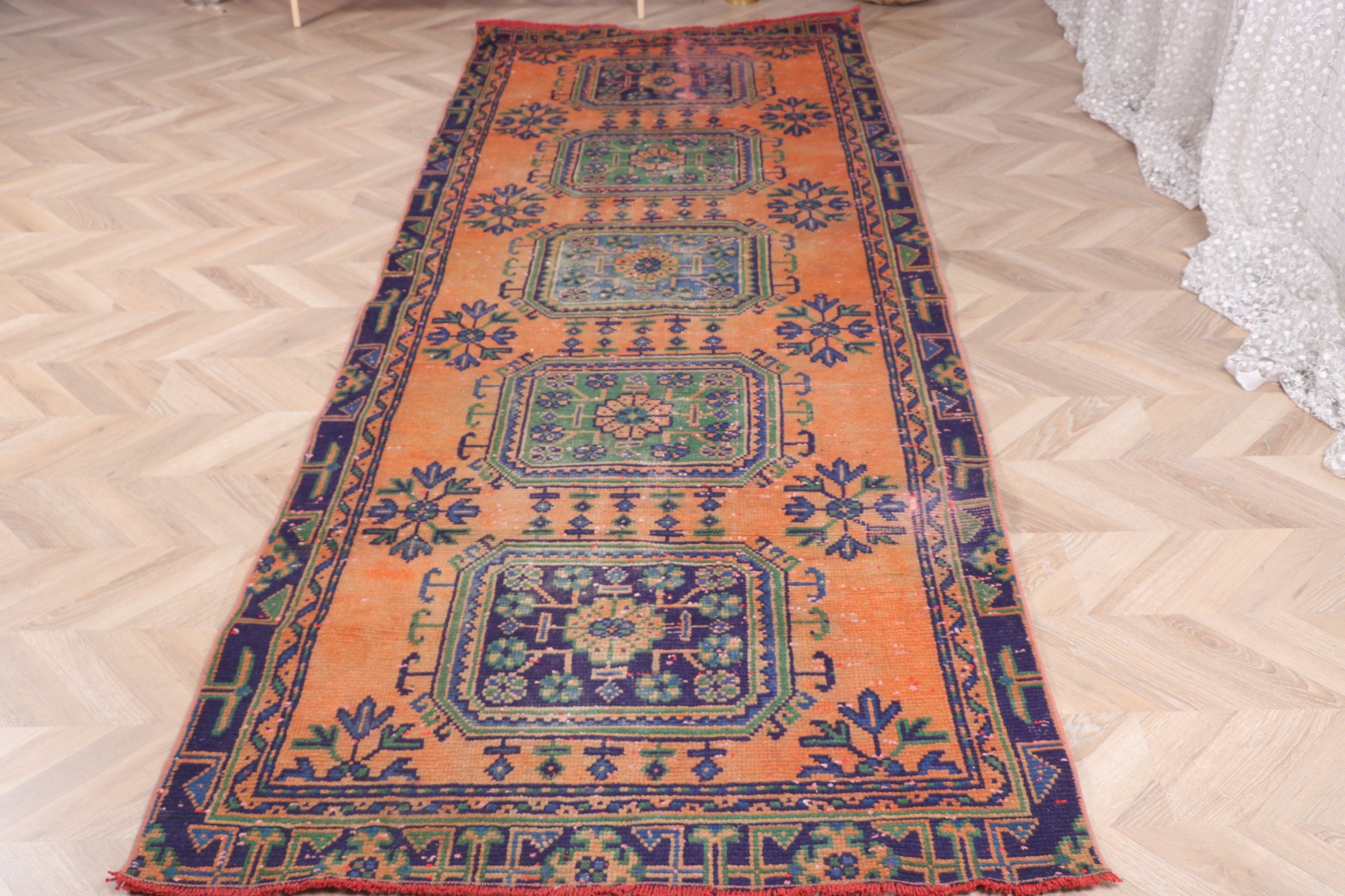 Merdiven Halısı, Vintage Halı, 3.6x10.1 ft Runner Halıları, Turuncu Geometrik Halı, El Dokuma Halıları, Türk Halısı, Beni Ourain Runner Halıları, Boho Halısı