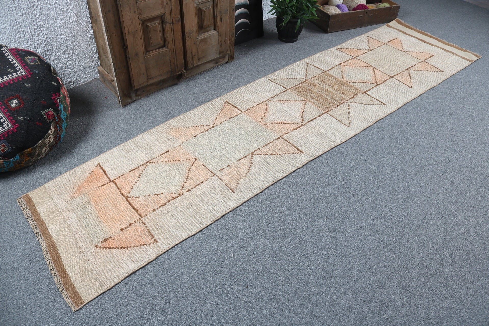 Türk Halıları, Antika Halılar, Koridor Halıları, Boho Halıları, Bej Açıklama Halısı, Vintage Halılar, Uzun Yolluk Halısı, Yün Halısı, 2.2x10.3 ft Yolluk Halıları