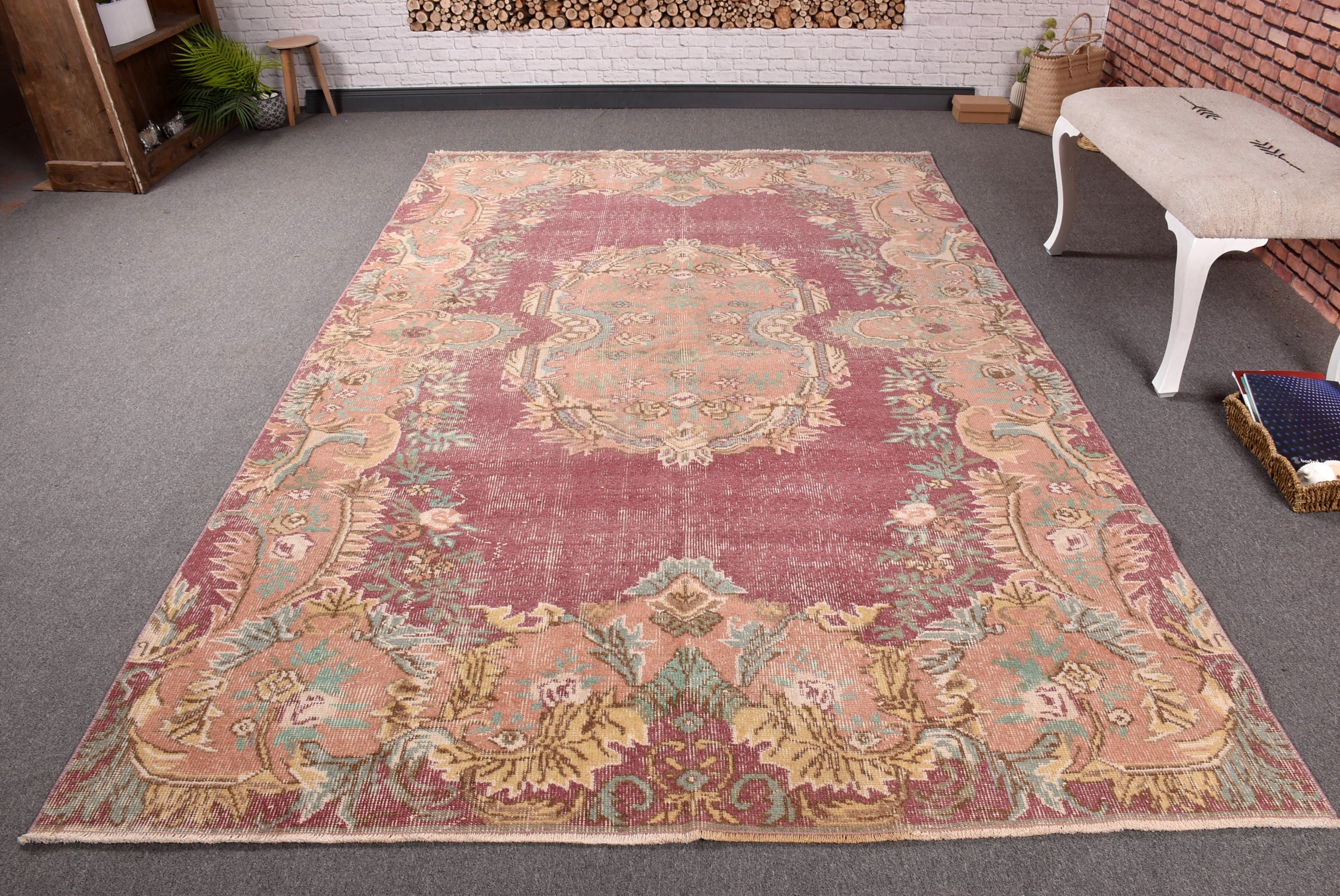 Vintage Halılar, Yemek Odası Halısı, 5.9x9.5 ft Büyük Halı, Türk Halıları, Büyük Oushak Halısı, Pembe Oushak Halıları, Geometrik Halı, Fas Halısı