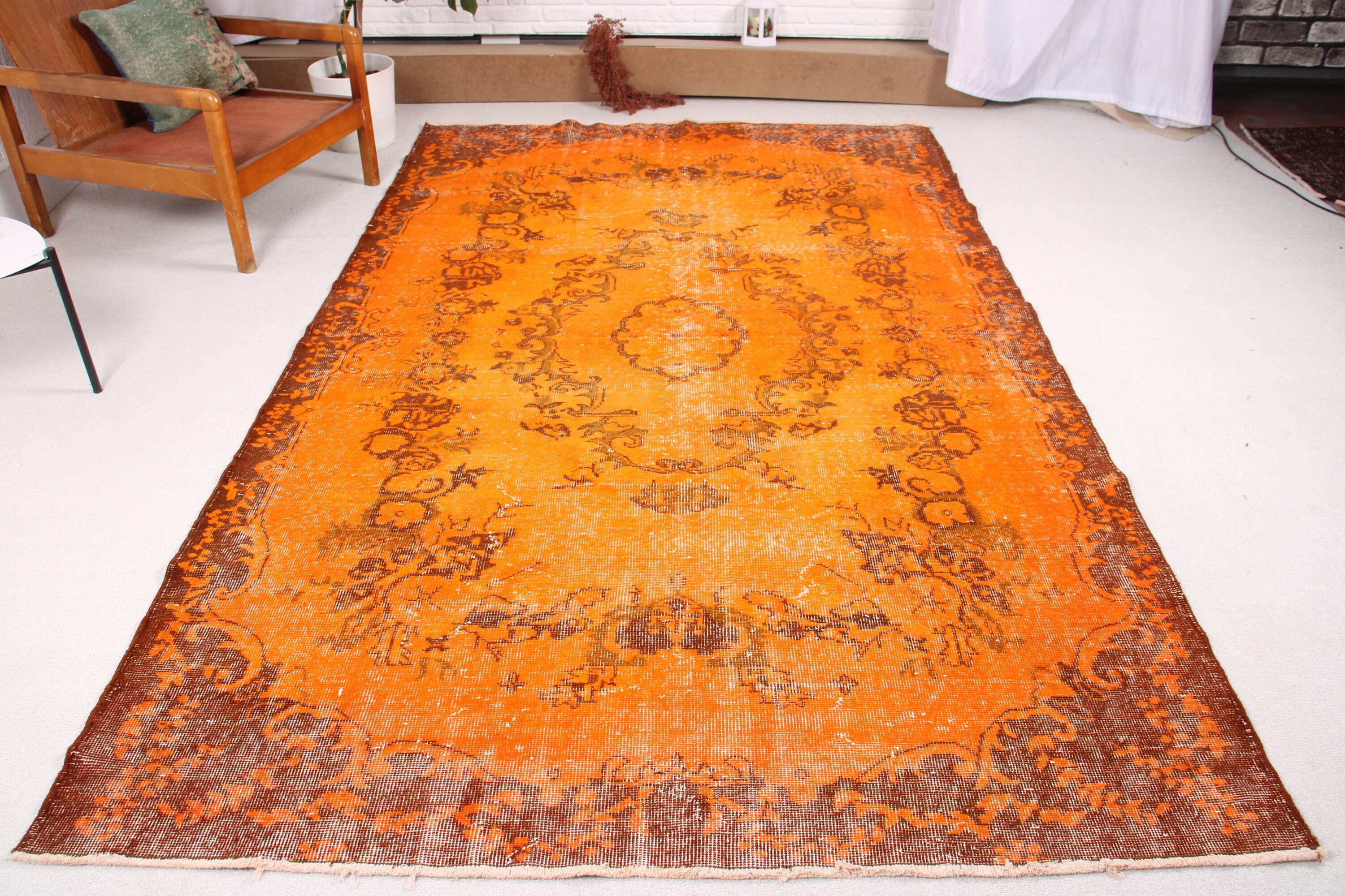 Vintage Rugs, Antique Rug, Turkish Rugs, Art Rug, Dining Room Rugs, 5.9x9.5 ft Large Rug, Salon Rug, Orange Oushak Rugs, Home Decor Rugs