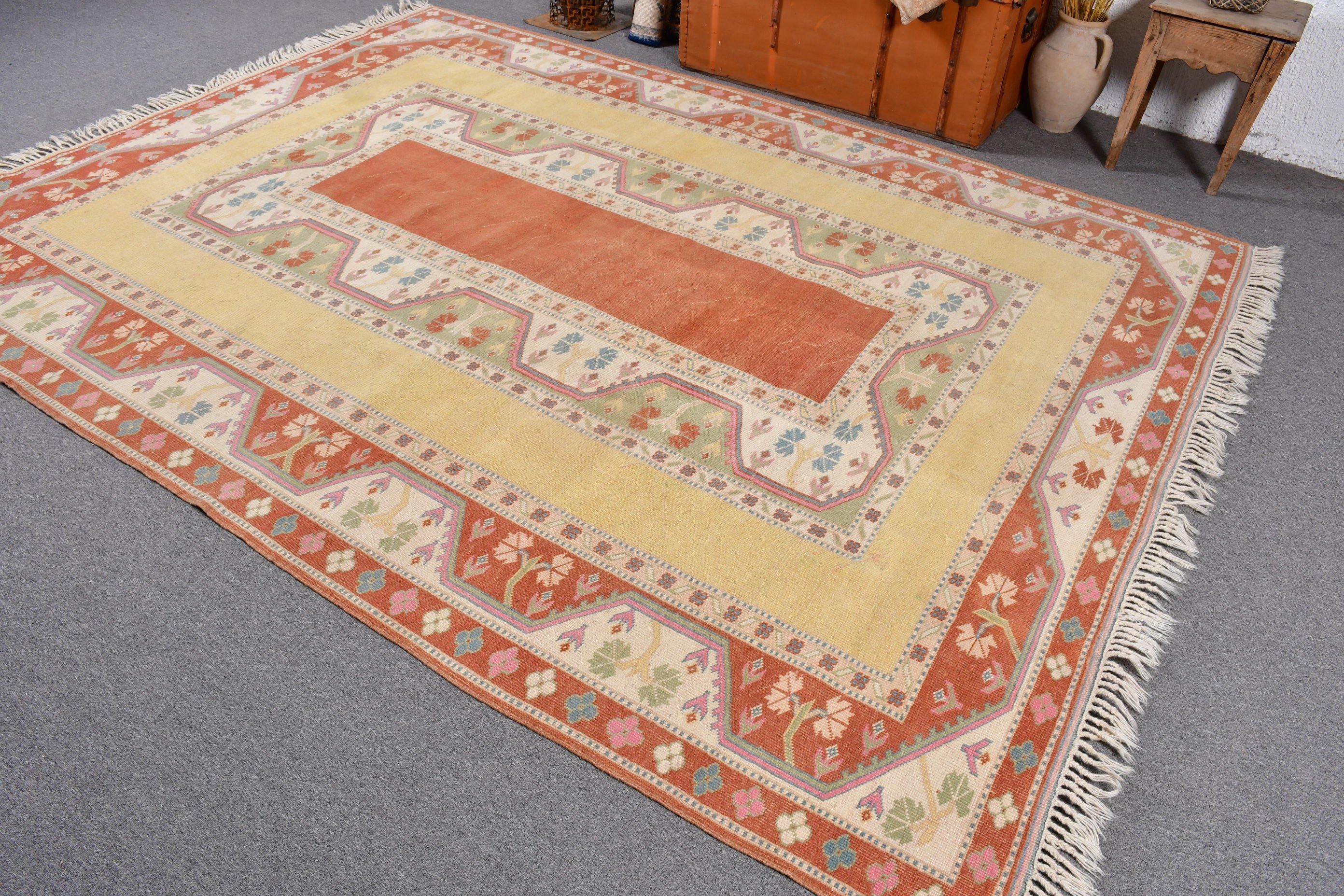 6.9x9 ft Büyük Halılar, Organik Halılar, Vintage Halılar, Türk Halıları, Sarı El Dokuma Halılar, Kilim, Mutfak Halıları, Oturma Odası Halıları