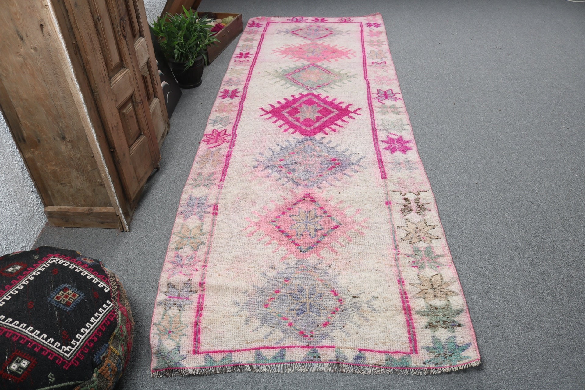 Vintage Halı, Türk Halısı, Boho Halısı, Fas Halıları, 3,6x11,1 ft Runner Halısı, Oushak Halısı, Bej Bildirim Halısı, Uzun Yolluk Halıları, Koridor Halıları