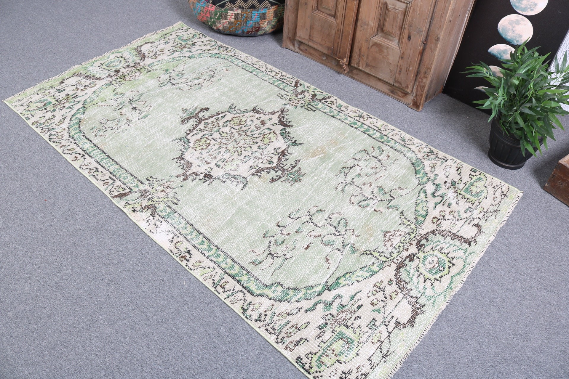 Green Kitchen Rugs, Indoor Rugs, Turkish Rugs, Vintage Rug, Boho Area Rugs, Modern Rugs, Handmade Rug, 3.6x6.8 ft Area Rug, Home Decor Rug