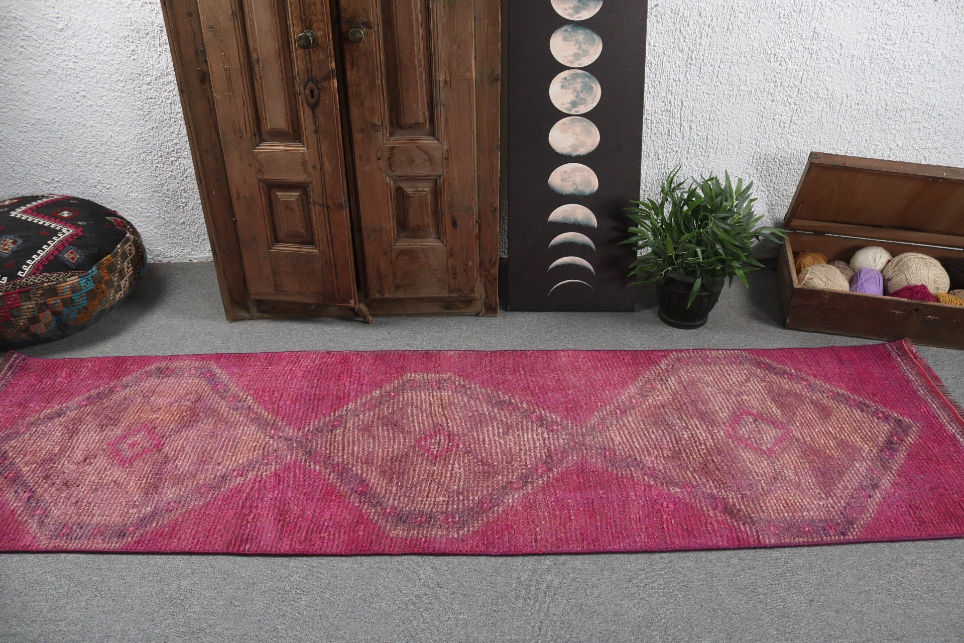 El Dokuma Halılar, Koridor Halıları, Vintage Halılar, Pembe 2.4x8.9 ft Runner Halı, Mutfak Halıları, Vintage Runner Halıları, Türk Halısı