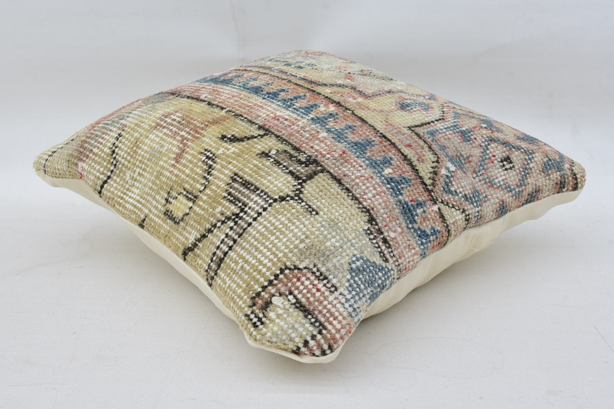 Pillow for Sofa, Turkish Kilim Pillow, 14"x14" Beige Pillow Sham, Nautical Throw Cushion Cover, Cozy Throw Pillow, Vintage Pillow