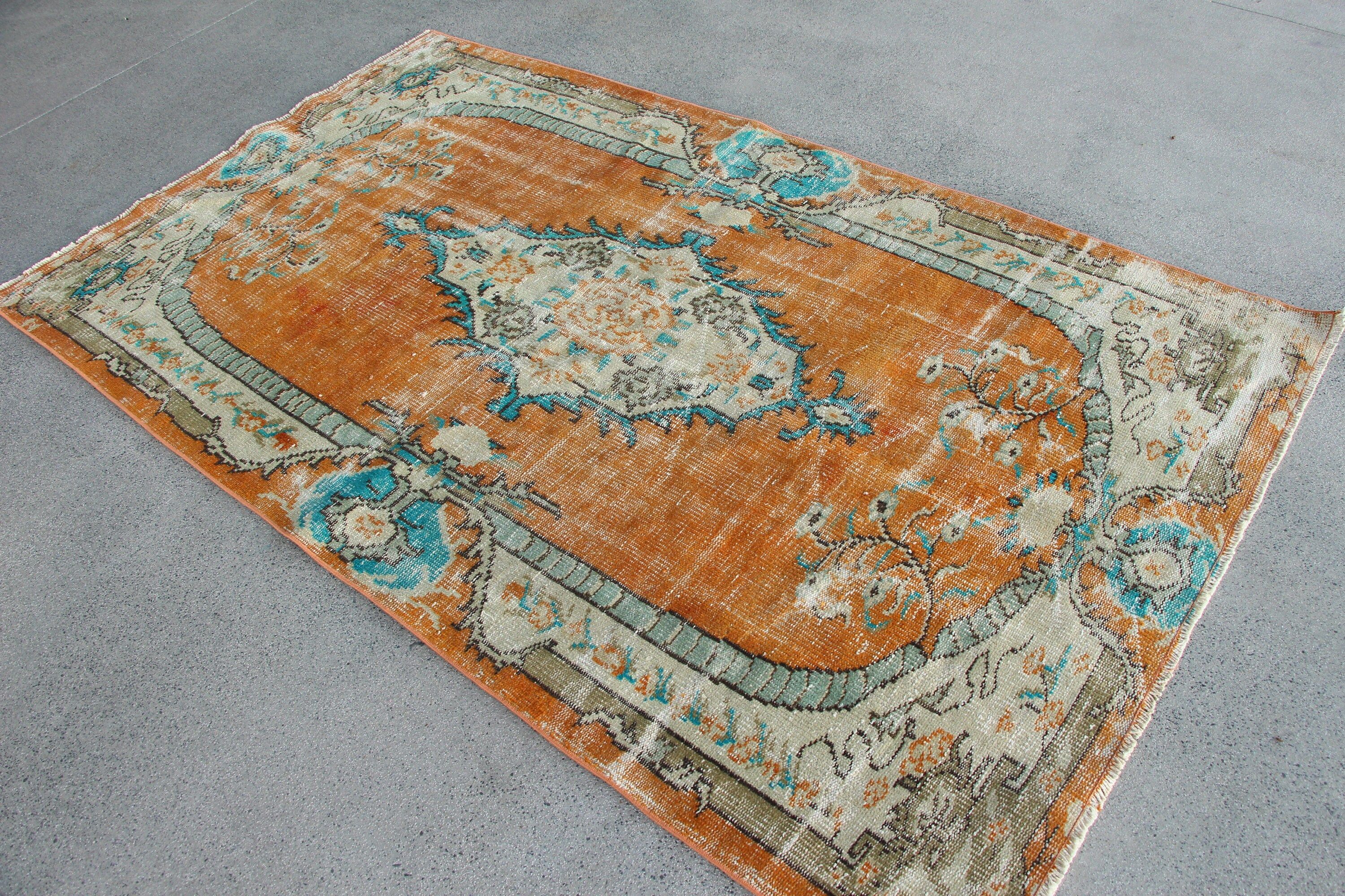 Pale Rug, Turkish Rug, Living Room Rug, Kitchen Rugs, Anatolian Rug, Vintage Rug, Rugs for Indoor, Orange Oushak Rugs, 4.2x7.3 ft Area Rugs