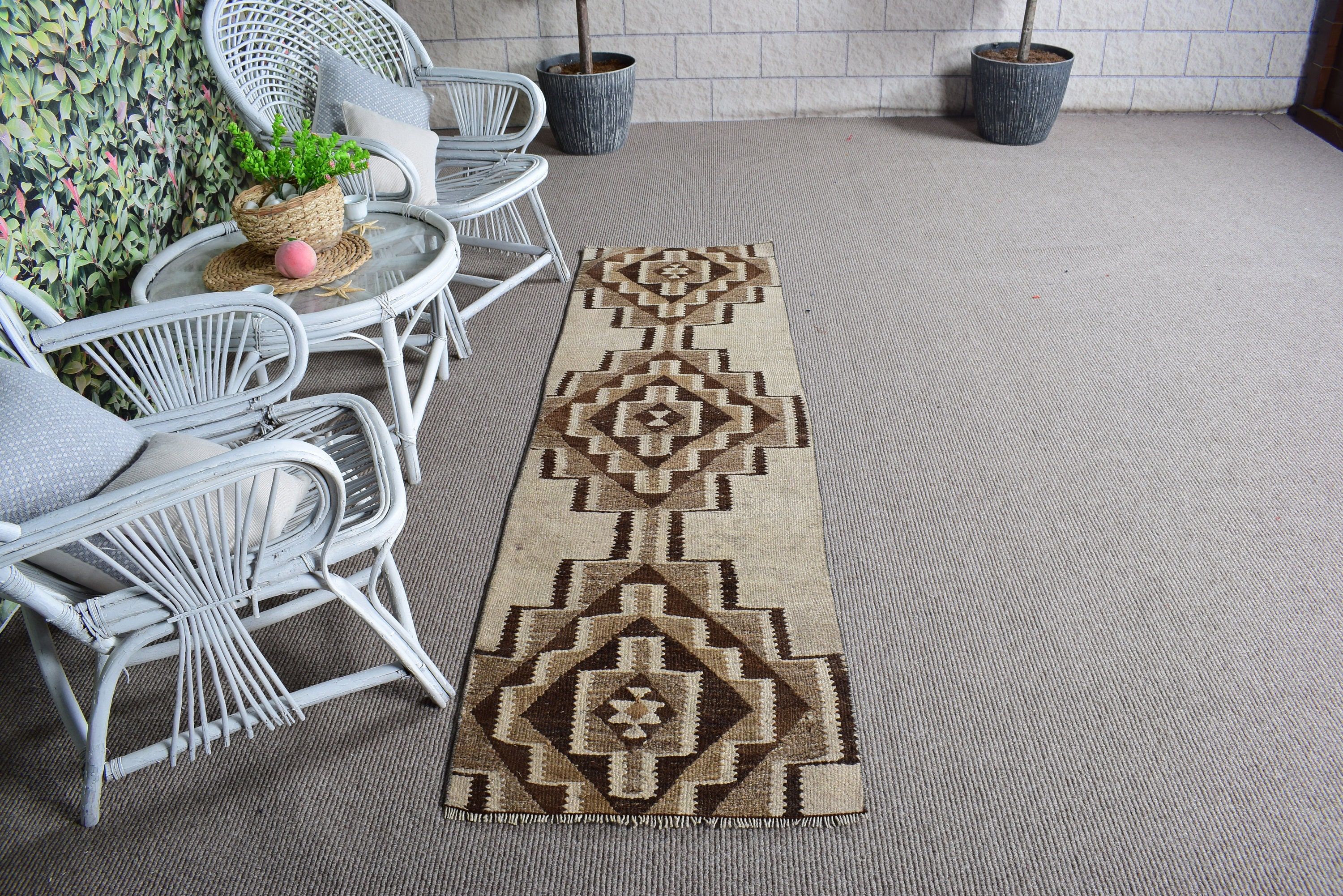 Stair Rugs, Vintage Rugs, Floor Rug, Modern Rug, Vintage Runner Rug, Geometric Rug, Turkish Rugs, Beige Wool Rugs, 2.1x7.1 ft Runner Rug