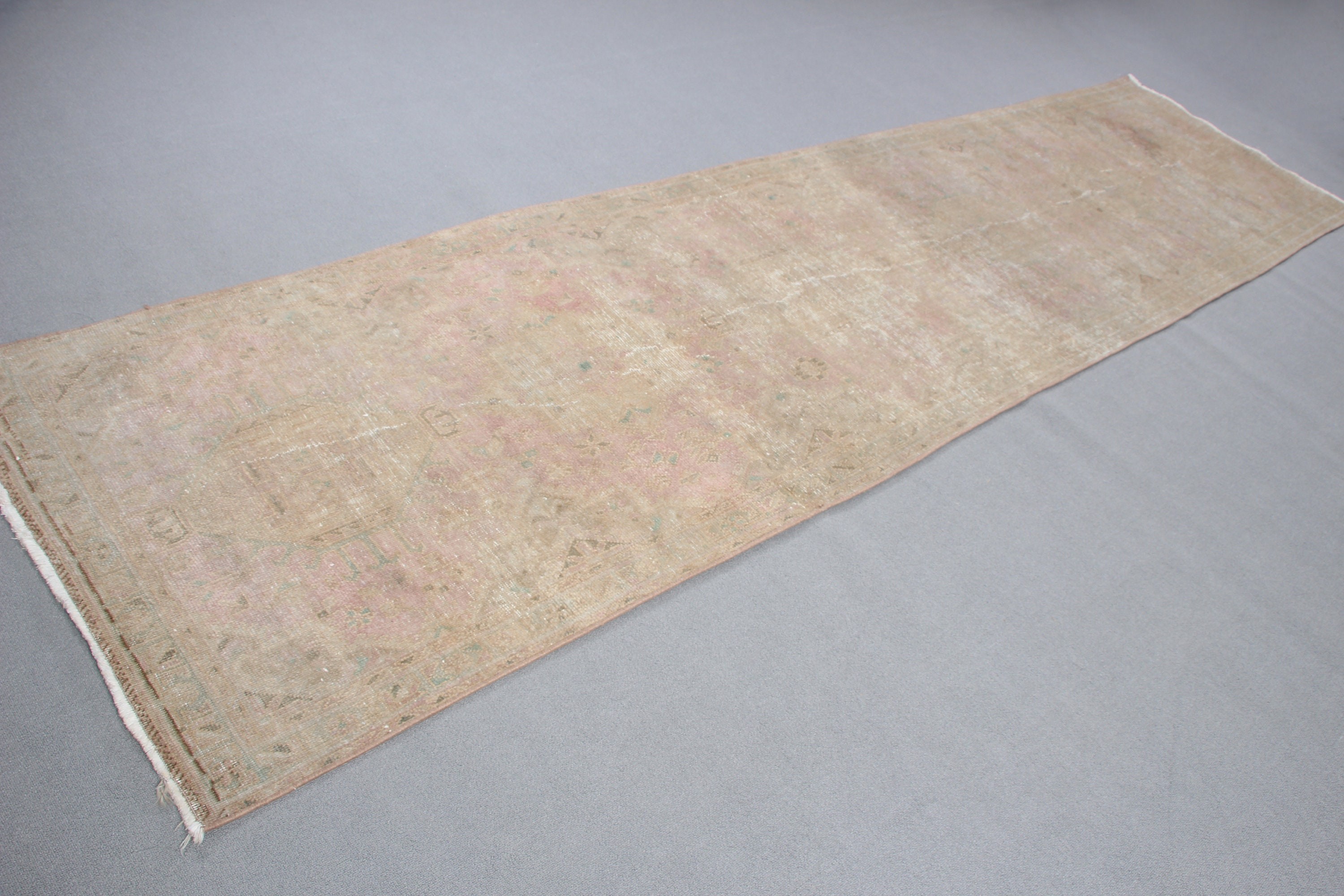 Koridor Halıları, Vintage Yolluk Halısı, Bildiri Halısı, 3.2x12.6 ft Koşucu Halısı, Bej Yün Halı, Vintage Halılar, Türk Halısı