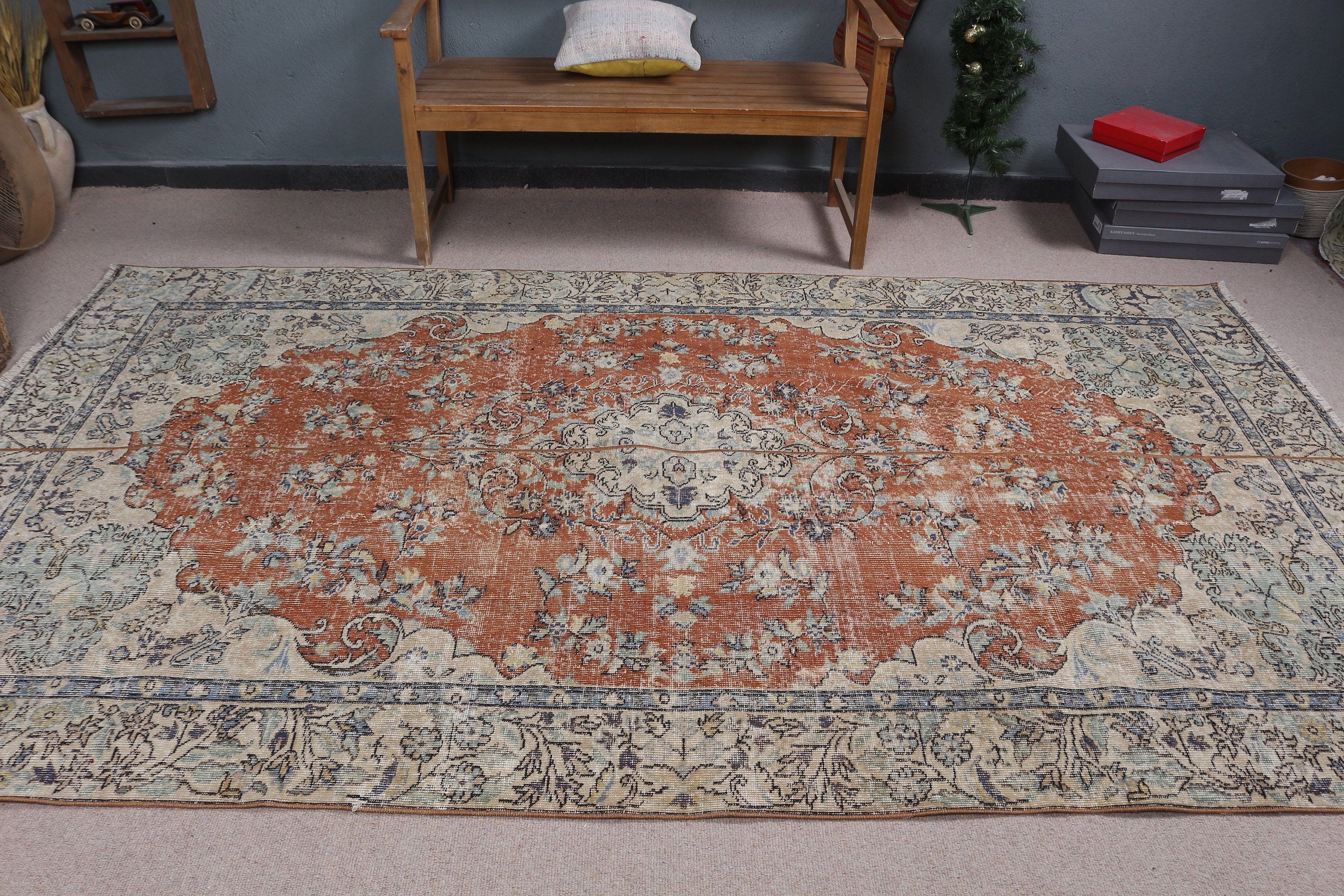 Oryantal Halı, Yatak Odası Halıları, Turuncu Yün Halı, Salon Halısı, Vintage Halı, Türk Halıları, 5.8x10 ft Büyük Halı, Oturma Odası Halısı