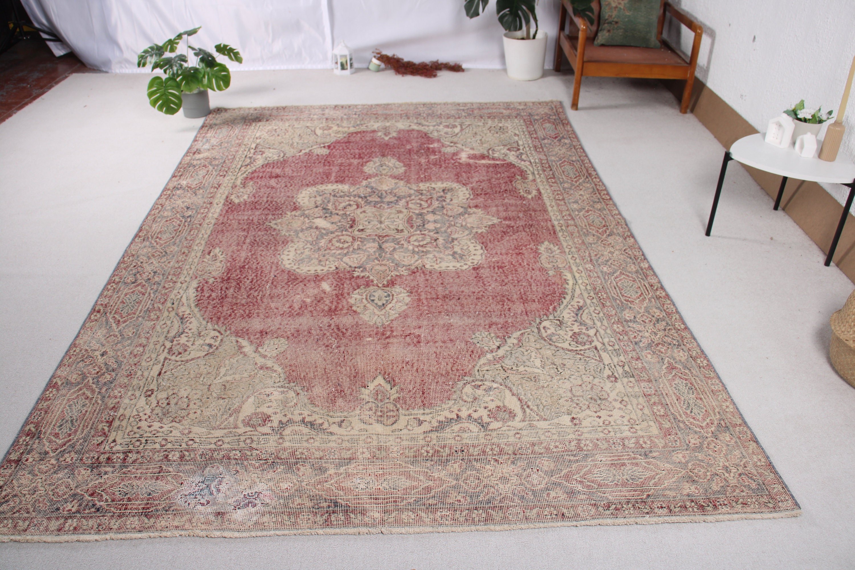 Ev Dekorasyonu Halıları, 6.5x9.5 ft Büyük Halı, Türk Halıları, Kırmızı El Dokuma Halılar, Vintage Halılar, Büyük Oushak Halıları, Oturma Odası Halısı