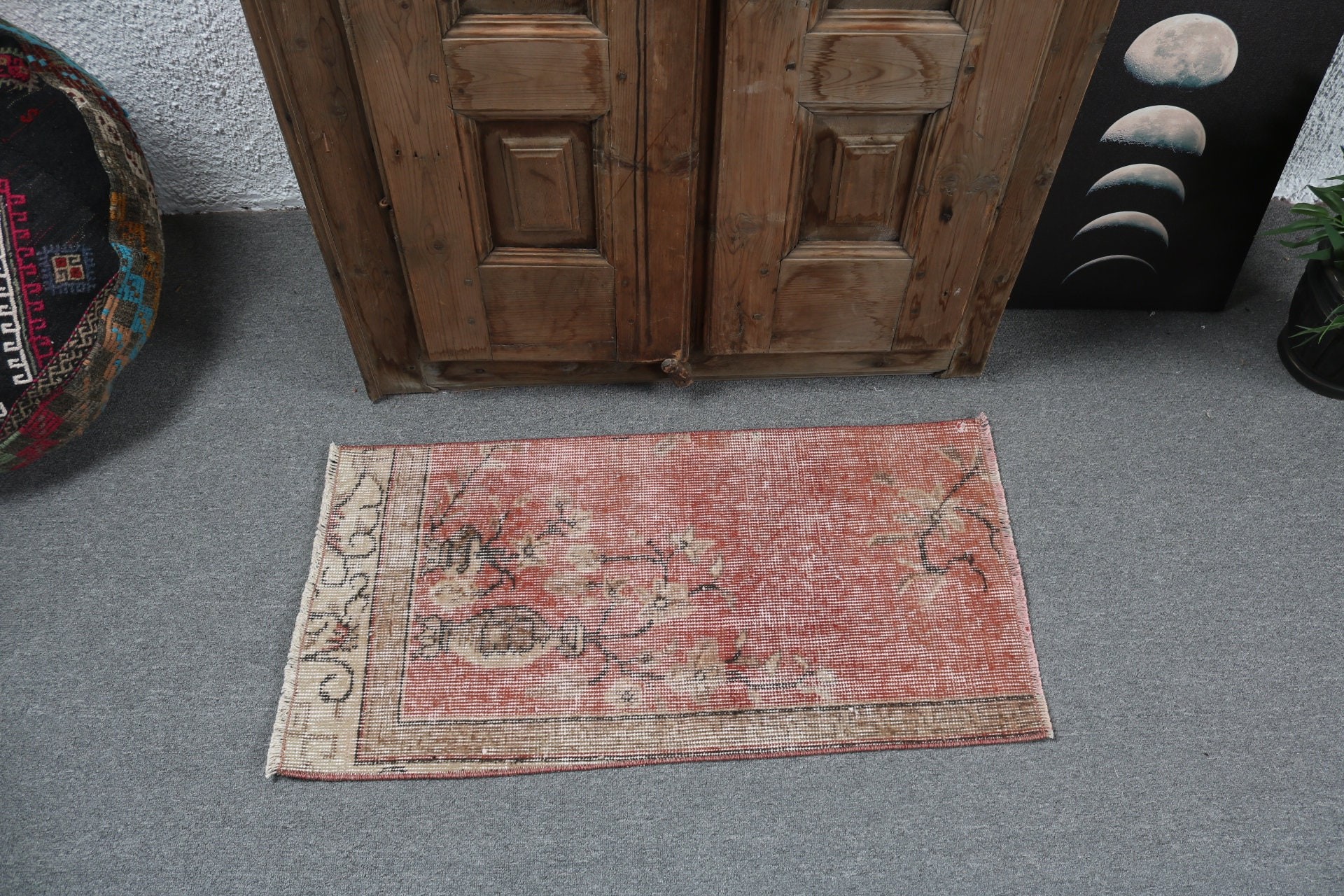 Turkish Rug, Home Decor Rugs, 1.5x2.9 ft Small Rug, Door Mat Rug, Antique Rugs, Rugs for Entry, Bedroom Rug, Red Cool Rug, Vintage Rugs