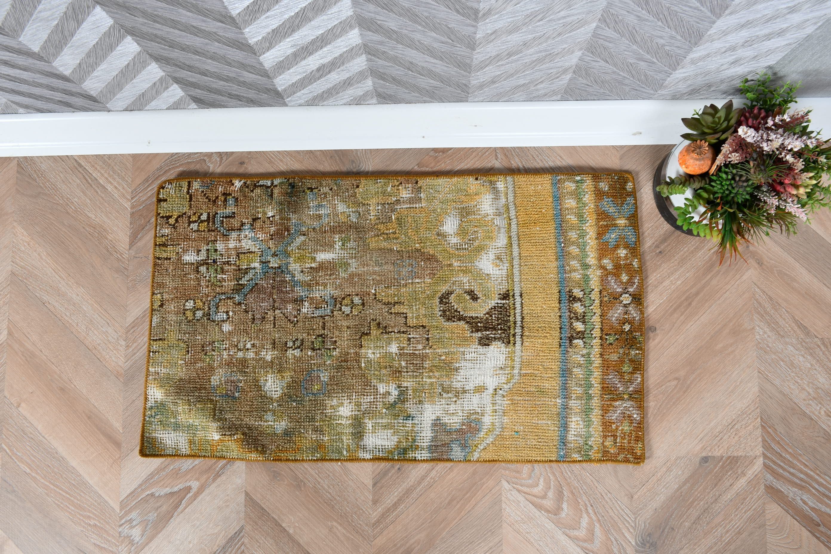 1.4x2.5 ft Küçük Halı, Vintage Halılar, Türk Halısı, Bronz Oushak Halıları, Banyo Halıları, Duvara Asılı Halı, Yatak Odası Halısı, Ofis Halısı