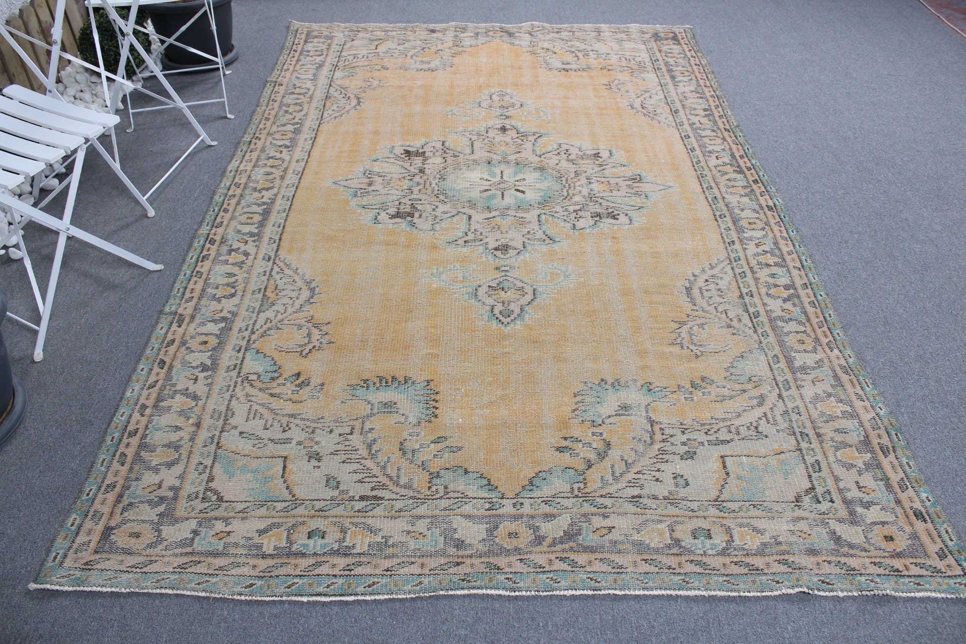 Sarı Oryantal Halılar, 5.9x9.2 ft Büyük Halılar, Türk Halısı, Havalı Halılar, Yemek Odası Halıları, Salon Halıları, Oushak Halıları, Salon Halısı, Vintage Halı