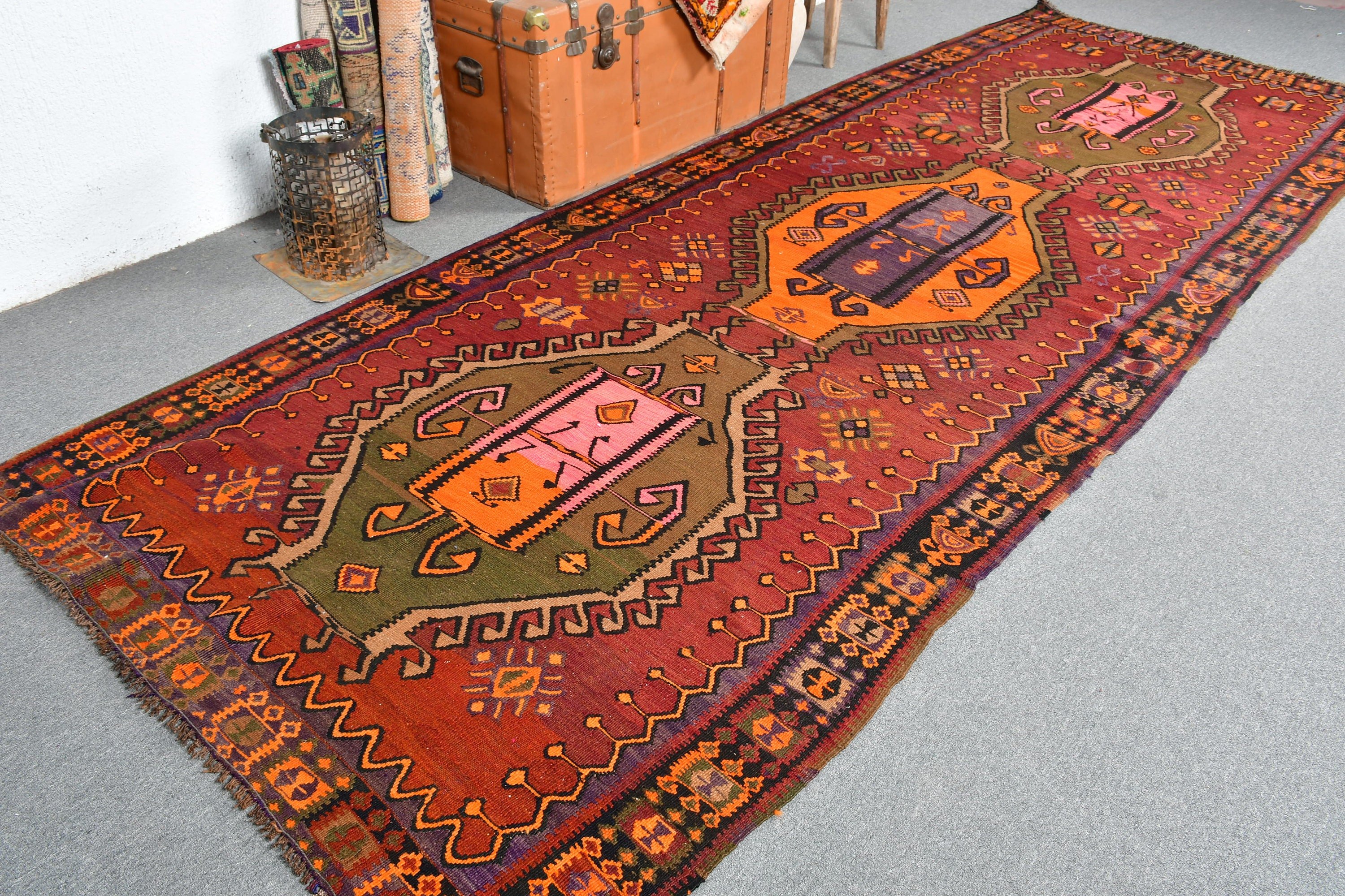 Runner Halıları, Aztek Halısı, Merdiven Halısı, Türk Halıları, Mutfak Halısı, Vintage Halı, 4.7x12.9 ft Runner Halısı, Antika Halılar, Kırmızı Oushak Halıları, Kilim