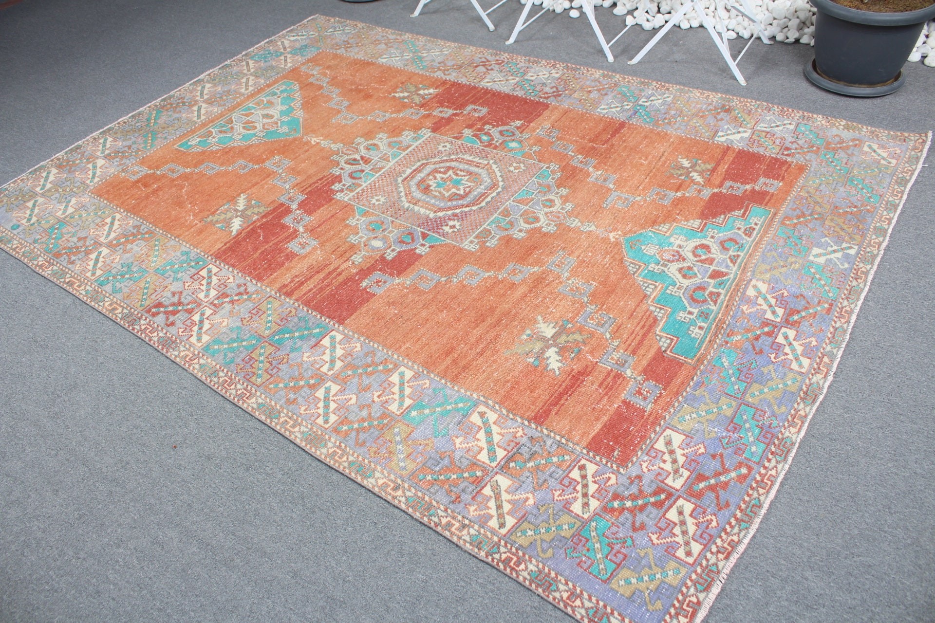 5.7x8.5 ft Large Rug, Vintage Rug, Old Rug, Turkish Rugs, Oriental Rug, Orange Floor Rug, Dining Room Rugs, Living Room Rugs, Anatolian Rug