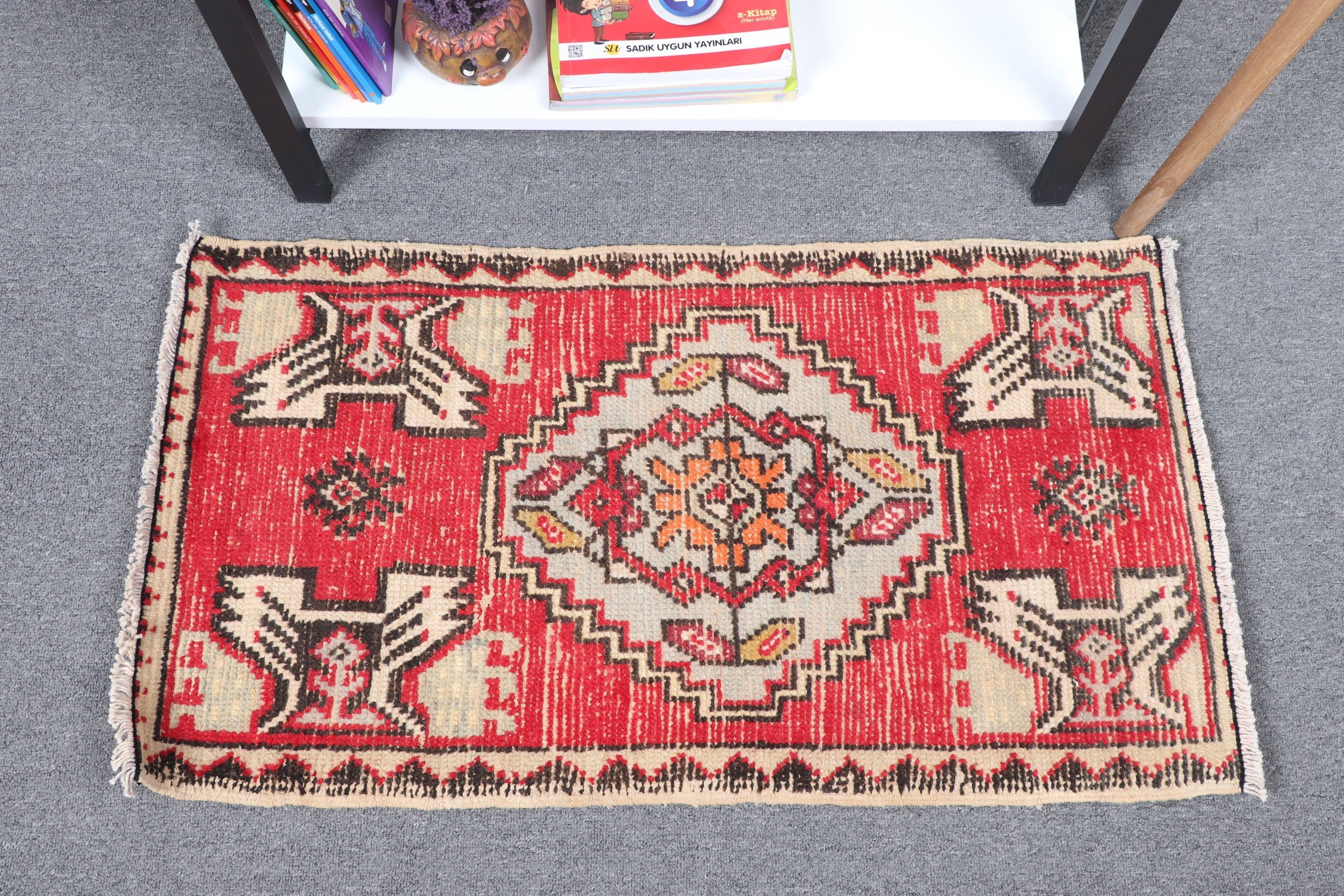 Vintage Rugs, Wool Rugs, Entry Rug, Rugs for Bathroom, Door Mat Rug, Red Floor Rug, 1.7x3 ft Small Rug, Pale Rug, Turkish Rug