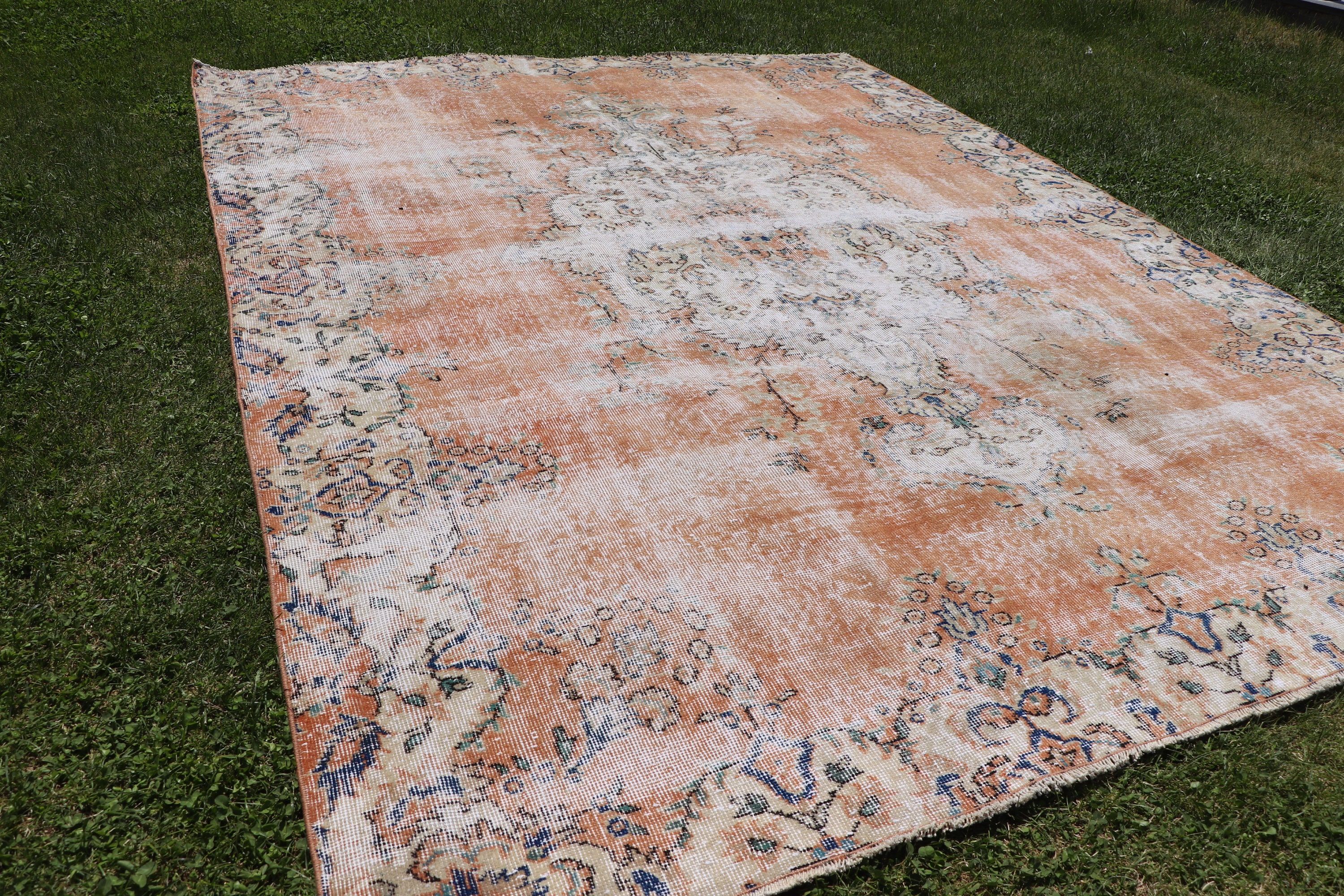 Turkish Rugs, Floor Rug, Moroccan Rug, Salon Rugs, Orange Antique Rug, Vintage Rugs, 6.7x9 ft Large Rugs, Large Oushak Rugs