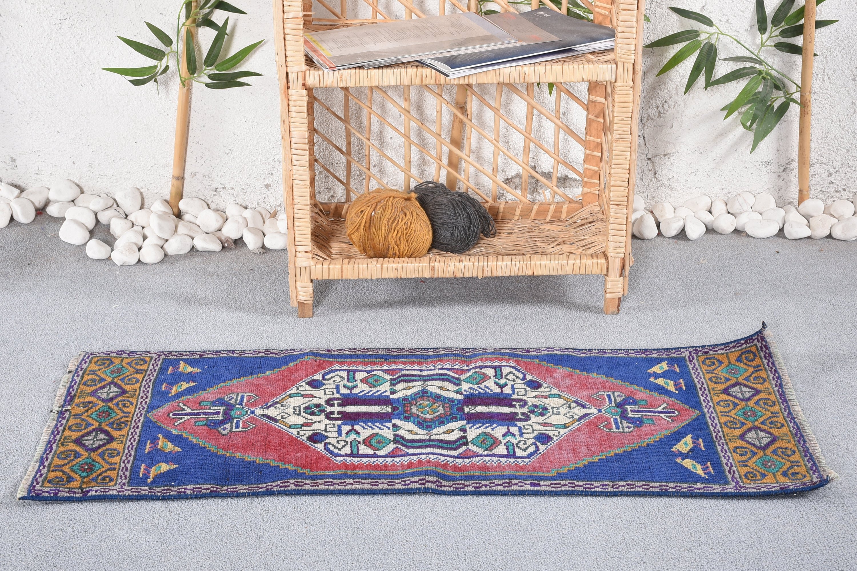 Bathroom Rug, Distressed Rug, Vintage Rug, Kitchen Rug, Blue Bedroom Rug, 1.3x3.1 ft Small Rug, Wall Hanging Rugs, Turkish Rug, Floor Rug