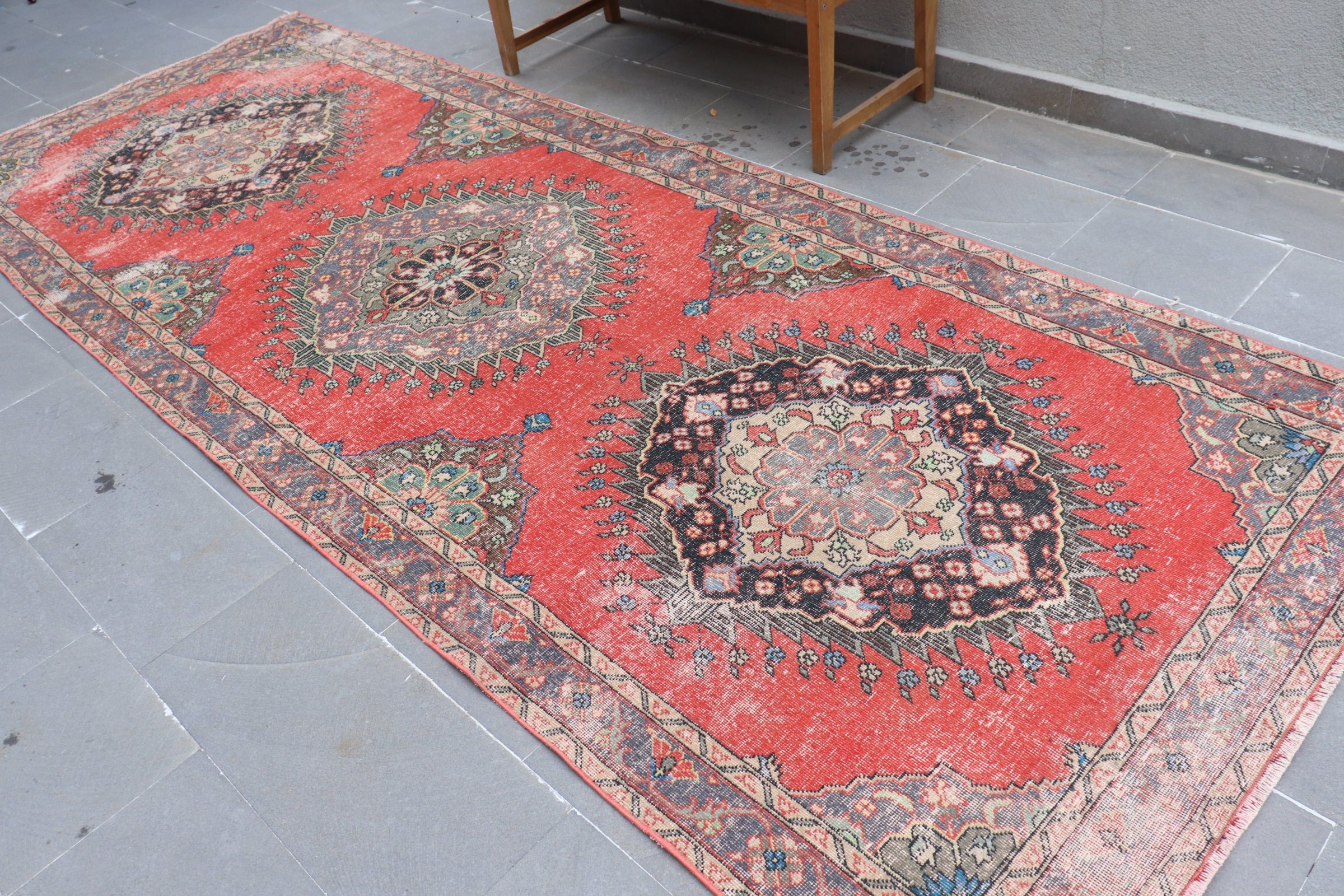 Pale Rug, Red  4.7x12.5 ft Runner Rugs, Vintage Rugs, Rugs for Kitchen, Turkish Rug, Wool Rug, Corridor Rug, Bedroom Rug