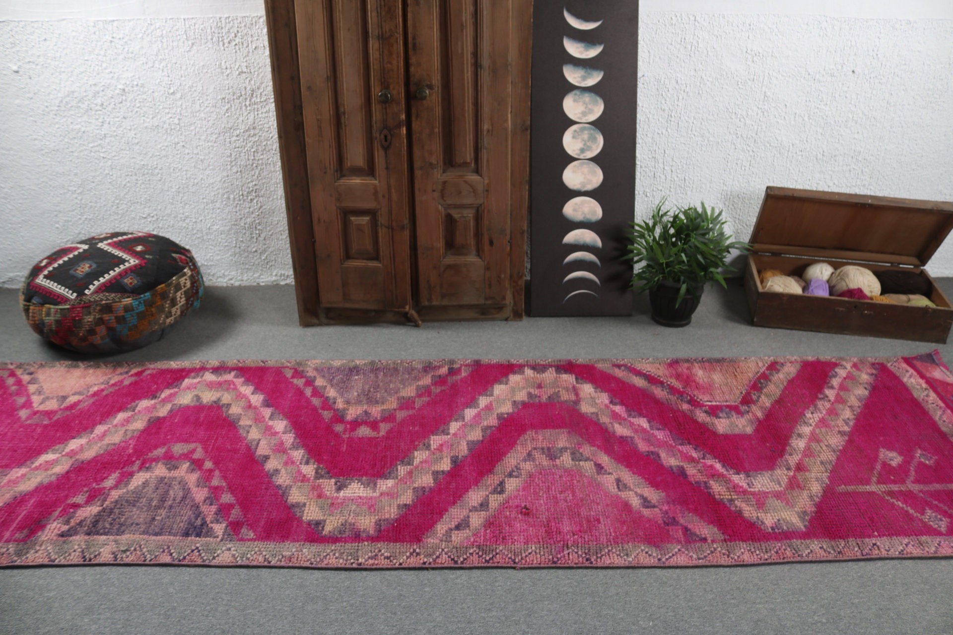 Geometrik Halı, 3.3x11.7 ft Yolluk Halı, Anadolu Halısı, Pembe Fas Halısı, Koridor Halısı, Vintage Halı, Uzun Yolluk Halısı, Türk Halısı, Yer Halısı