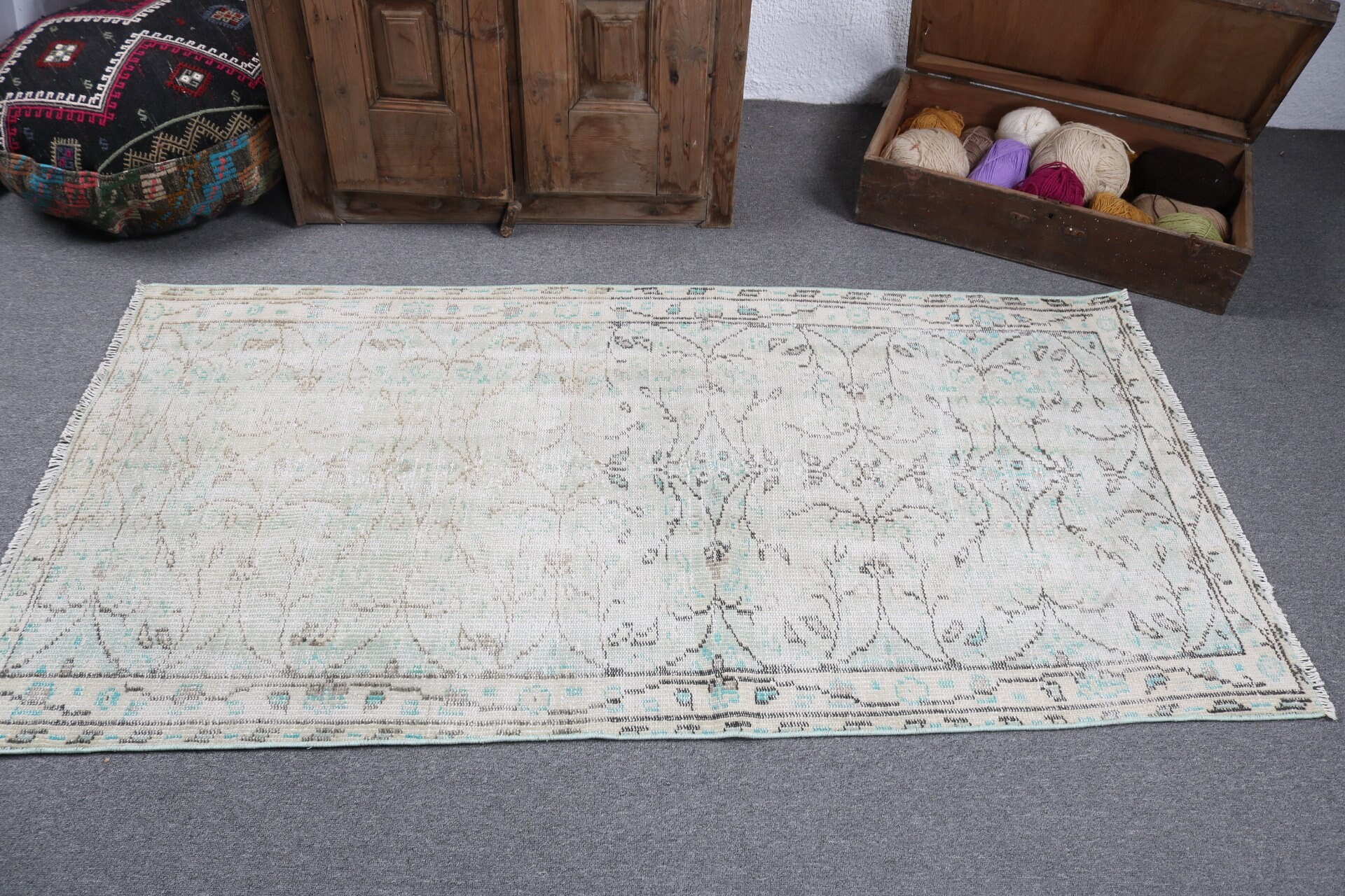 Vintage Rug, Turkish Rug, Green Oushak Rugs, 3.1x6 ft Accent Rugs, Moroccan Rug, Artistic Rug, Bedroom Rug, Flatweave Rug, Kitchen Rugs