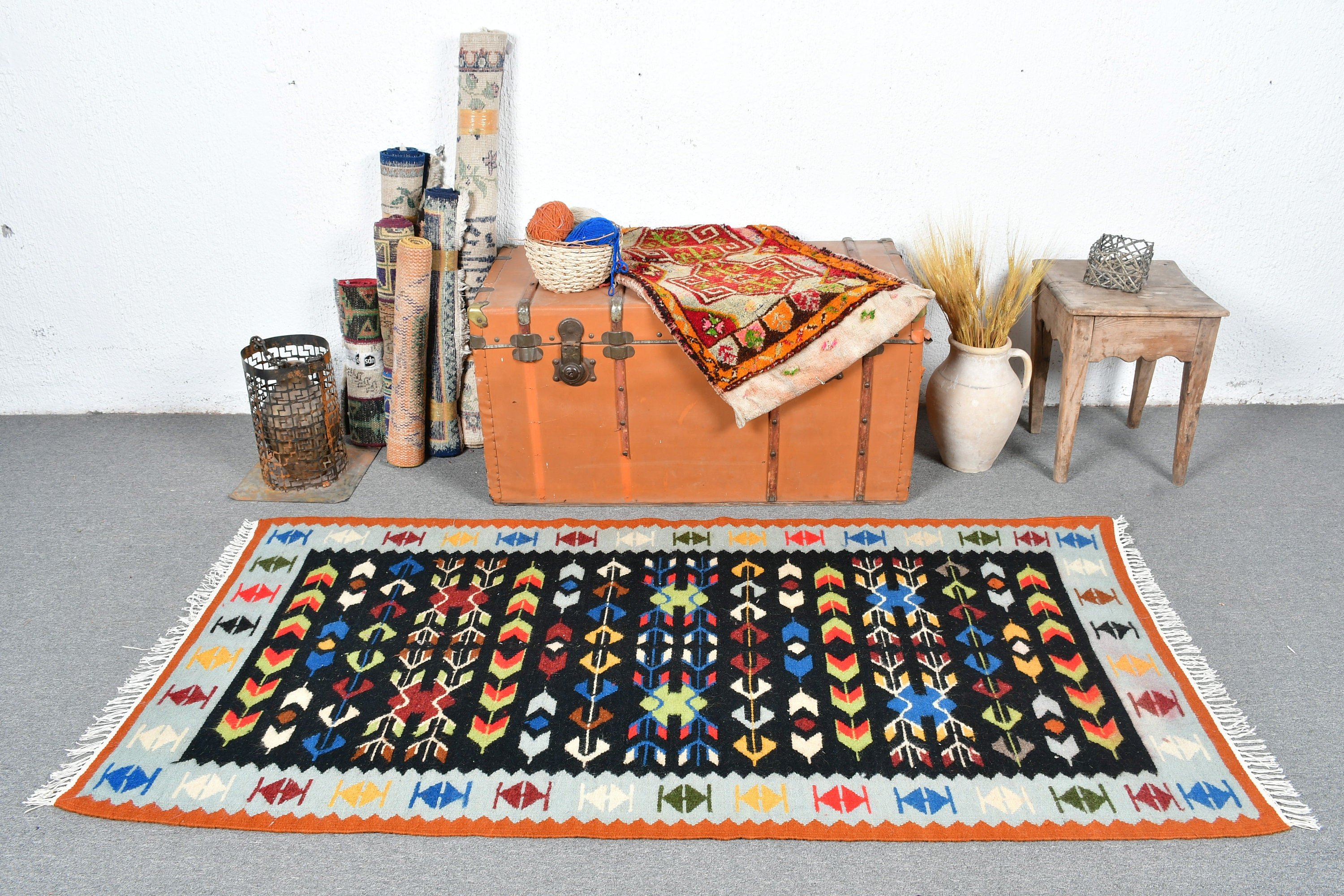 Boho Rug, Vintage Rug, Nursery Rug, Turkish Rug, Kilim, Anatolian Rug, Entry Rugs, Black  3.1x6.4 ft Accent Rugs