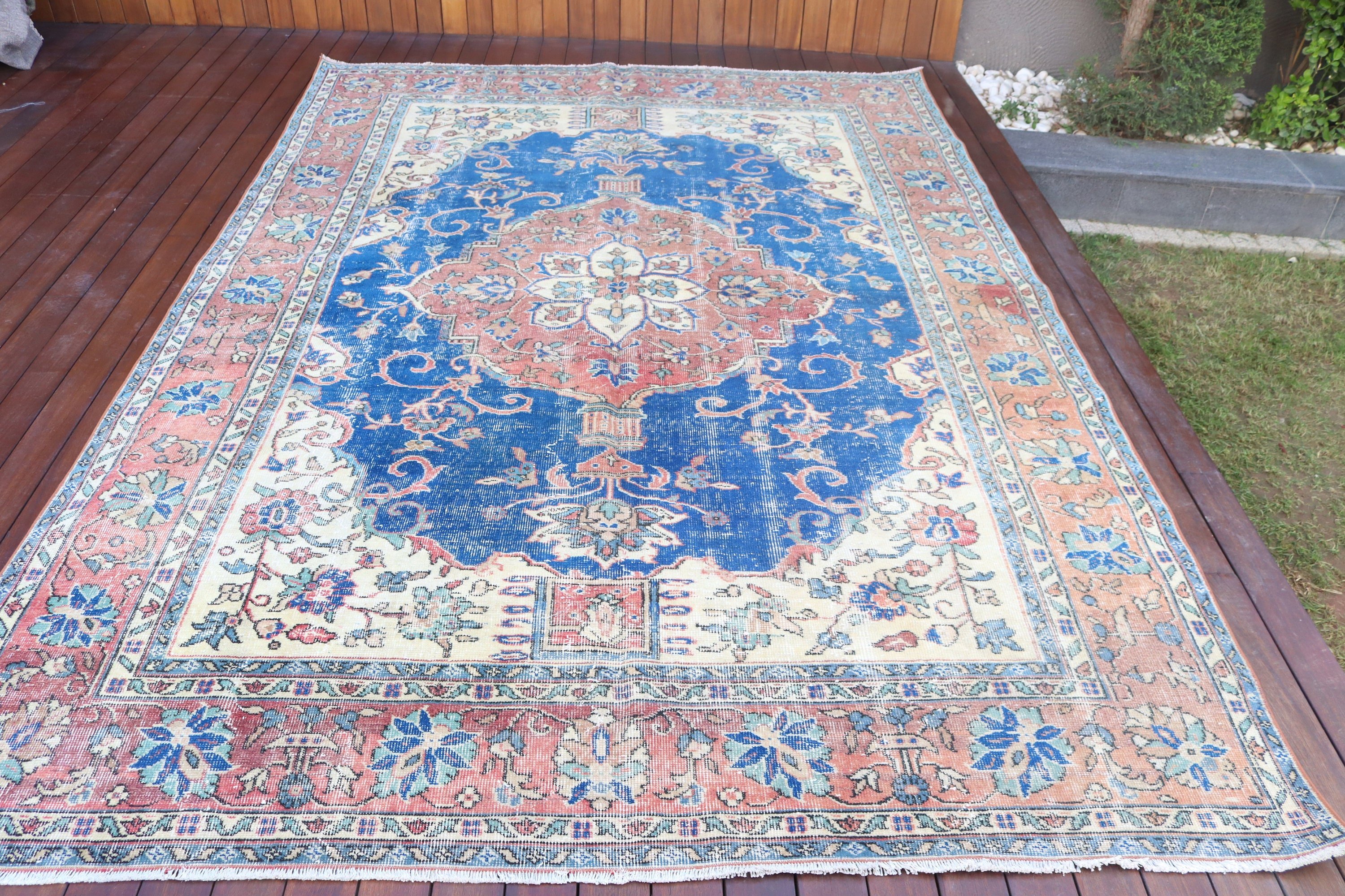 Büyük Vintage Halı, 6.8x9.8 ft Büyük Halılar, Büyük Boho Halı, Vintage Halı, Düz Dokuma Halı, Türk Halıları, Mavi Nötr Halılar