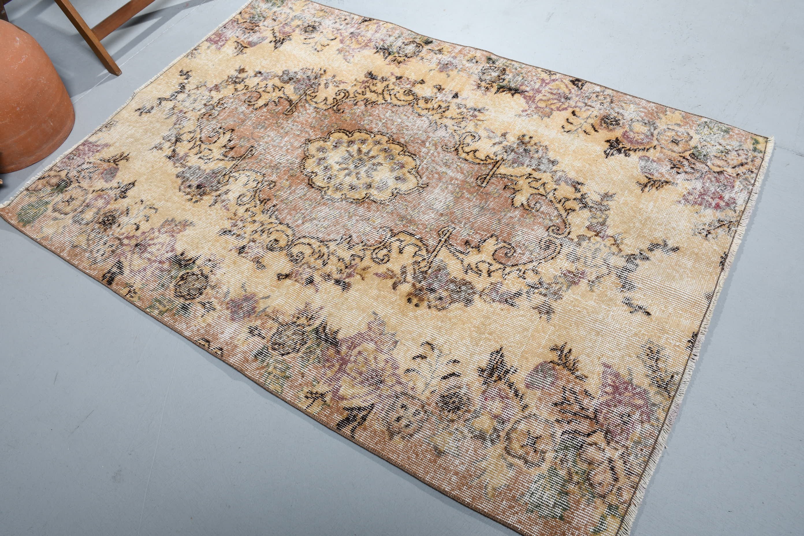 Cool Rug, Moroccan Rug, 4x5.8 ft Accent Rugs, Rugs for Kitchen, Vintage Rug, Kitchen Rug, Brown Floor Rug, Turkish Rug, Bedroom Rugs