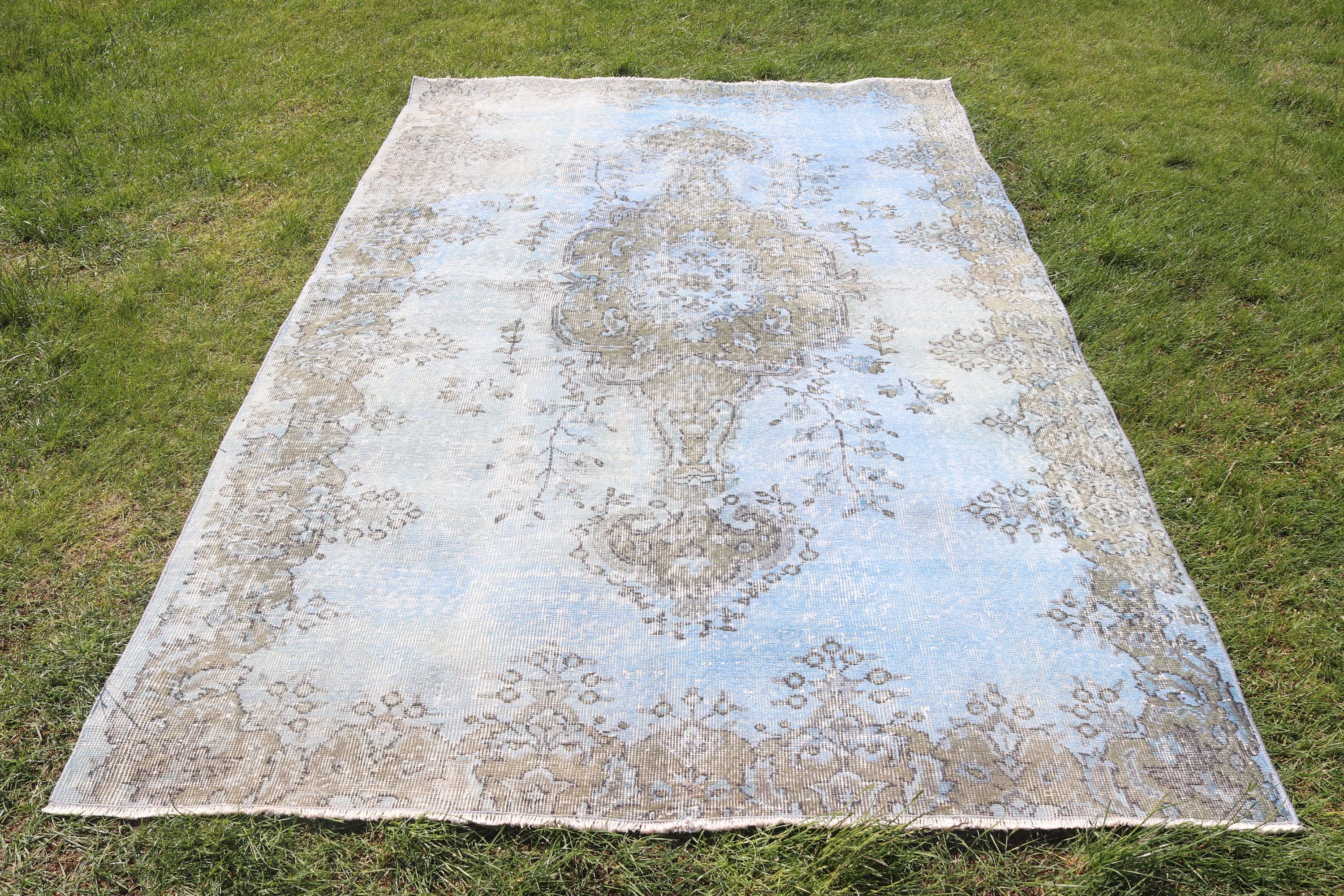 Yer Halısı, Mavi Antika Halı, Yatak Odası Halısı, 5.3x8.2 ft Büyük Halılar, Büyük Vintage Halılar, Türk Halıları, Vintage Halılar, Oushak Halı, Geometrik Halılar