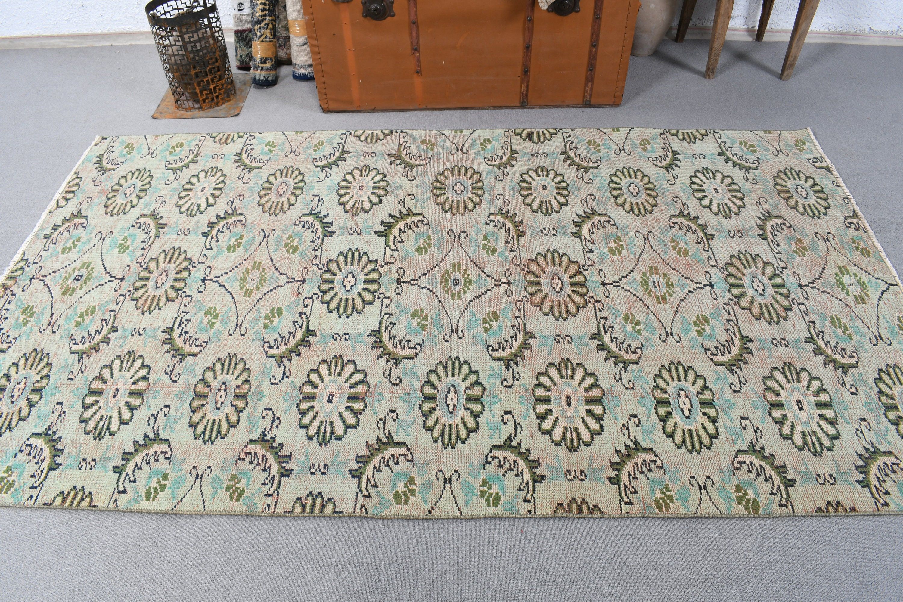 Indoor Rug, Kitchen Rug, Neutral Rug, 4.3x7.4 ft Area Rugs, Oushak Area Rug, Artistic Rug, Vintage Rug, Turkish Rugs, Green Oriental Rugs