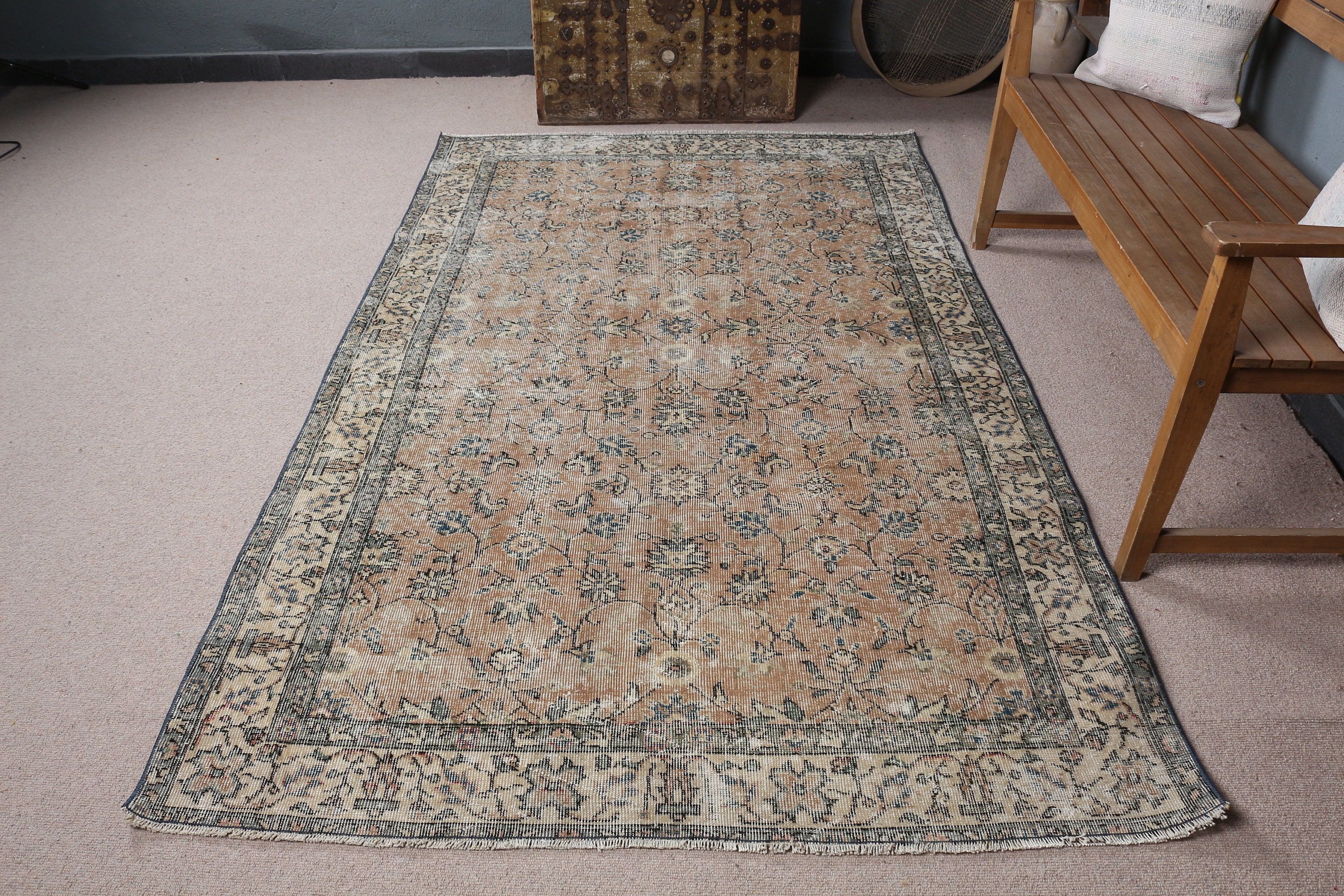 Anadolu Halıları, Türk Halısı, Turuncu Ev Dekor Halıları, 4.9x8 ft Alan Halısı, Vintage Halı, Aztek Halısı, Soluk Halı, Ev Dekor Halısı, Oturma Odası Halıları