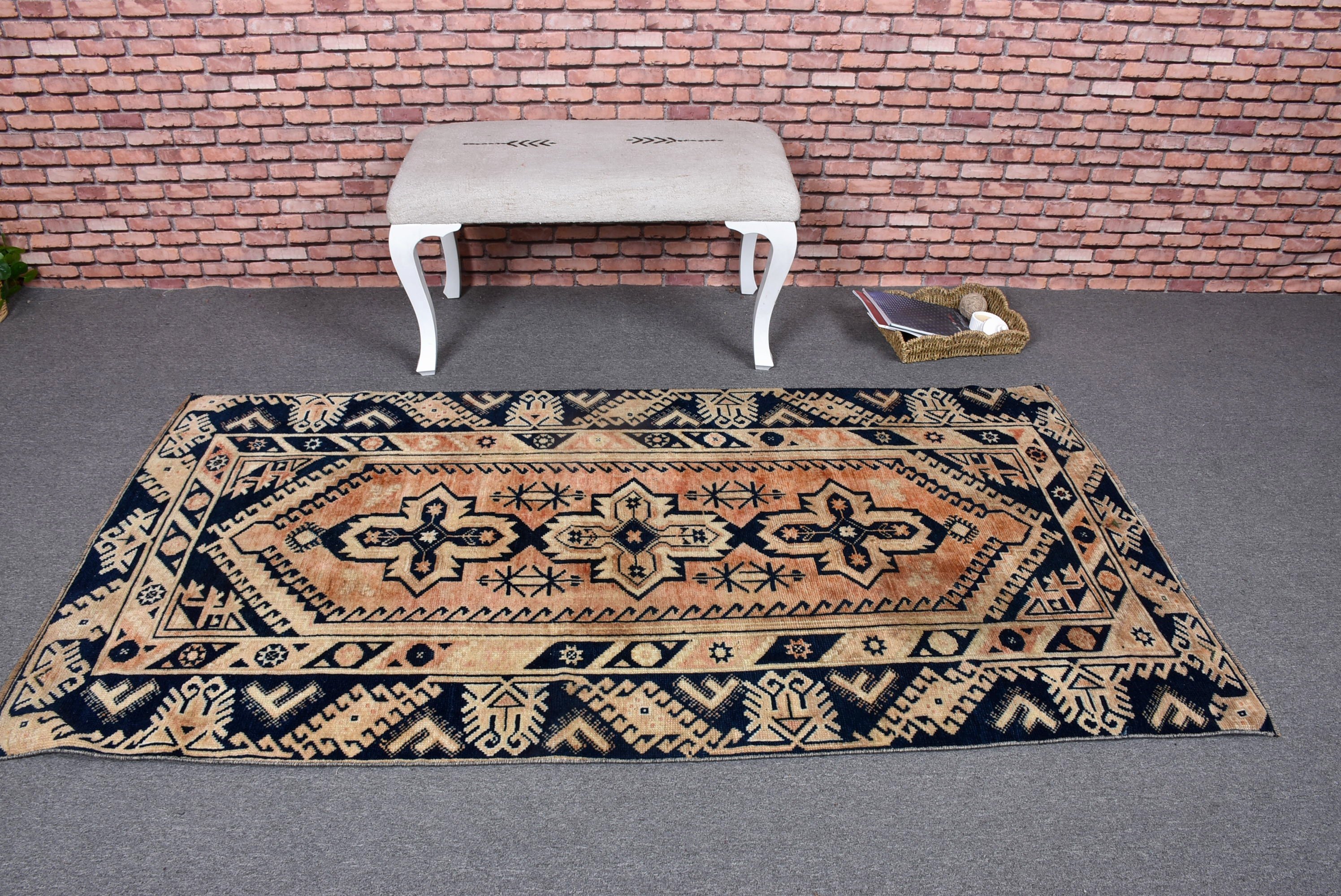 Turuncu Modern Halı, Vintage Halılar, Vintage Vurgulu Halı, Havalı Halı, Mutfak Halıları, Türk Halıları, Geometrik Halı, Boho Halıları, 3,5x6,8 ft Vurgulu Halılar