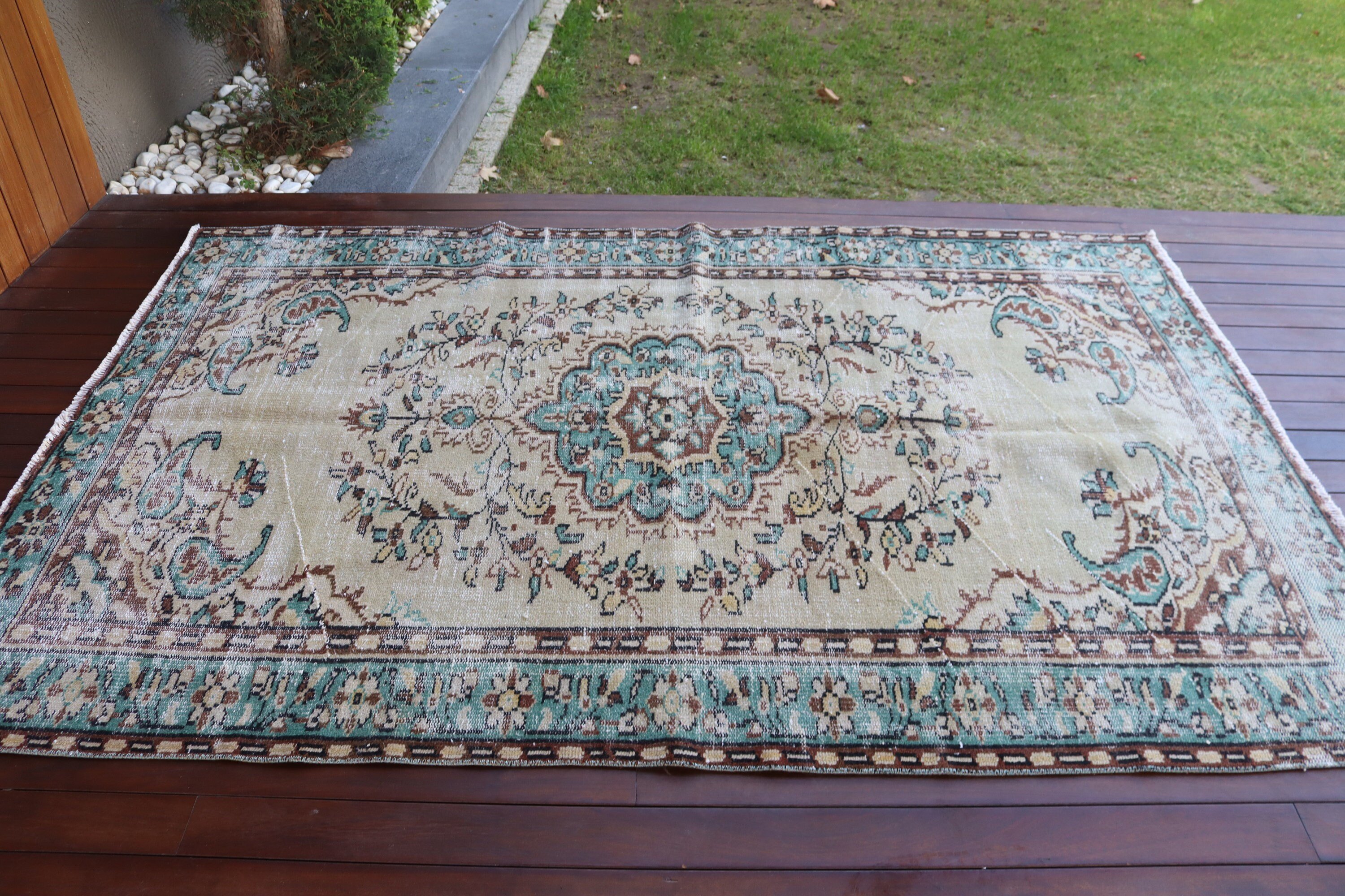 5.1x7.8 ft Area Rug, Vintage Rugs, Oushak Rug, Green Floor Rug, Turkish Rug, Rugs for Bedroom, Neutral Rugs, Nursery Rug, Vintage Area Rug