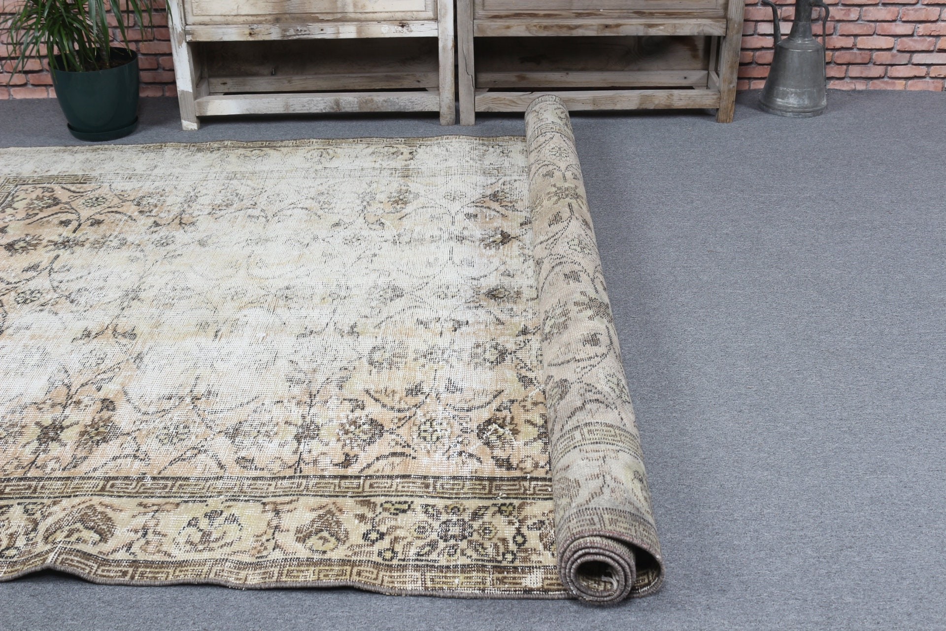 Ev Dekor Halıları, Özel Halı, Vintage Halı, Bej Antika Halı, Oturma Odası Halısı, Türk Halısı, Yatak Odası Halısı, Oushak Halısı, 5.9x9.2 ft Büyük Halılar