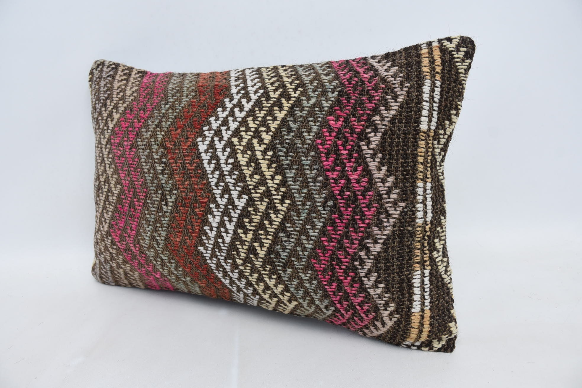 Vintage Throw Cushion Case, Boho Pillow Sham Cover, 16"x24" Pink Pillow Case, Turkish Kilim Pillow, Handmade Kilim Cushion