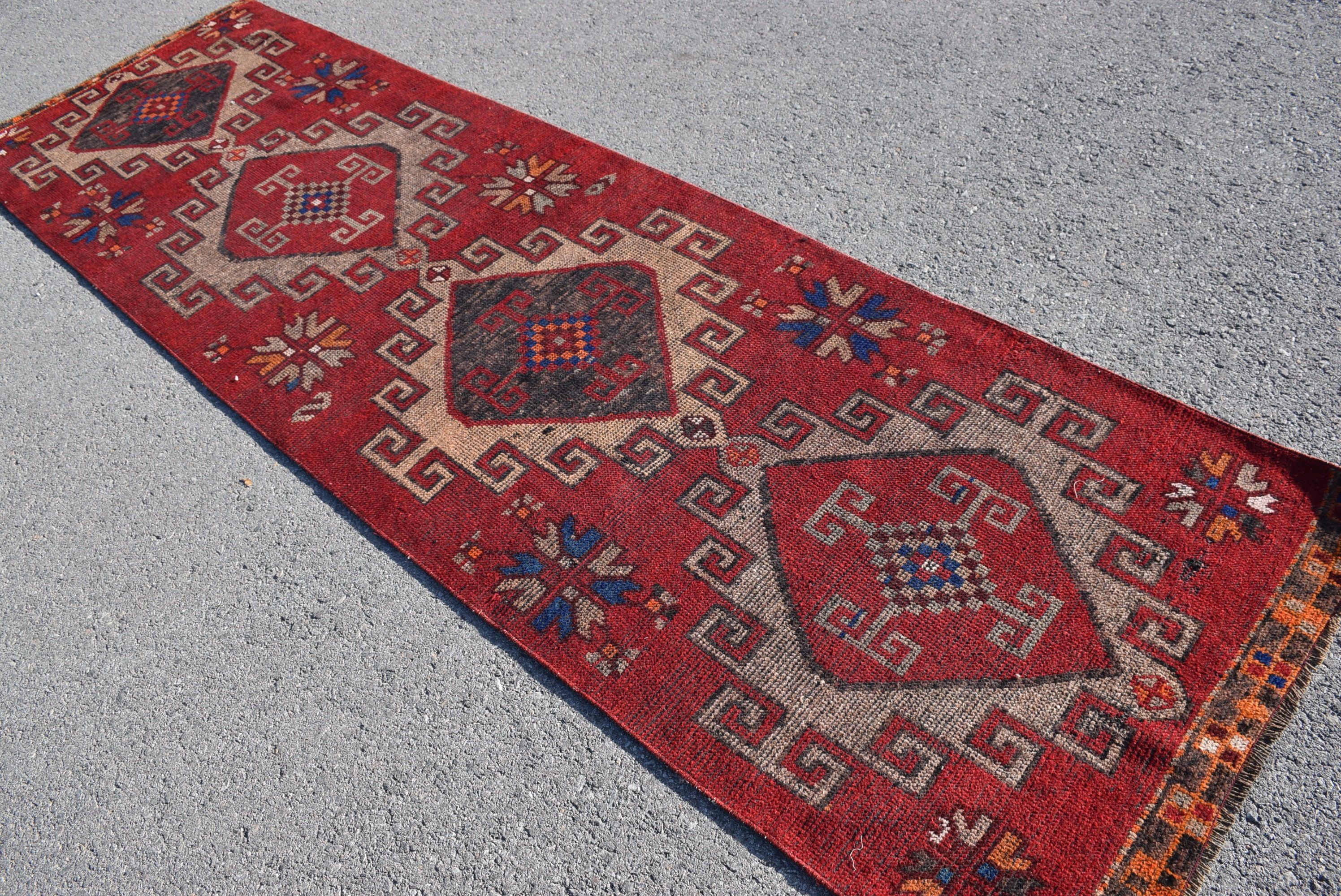 Red Oushak Rug, Kitchen Rug, Boho Rug, Turkish Rug, 3.1x10.4 ft Runner Rugs, Antique Rug, Vintage Rug, Rugs for Runner, Hallway Rugs