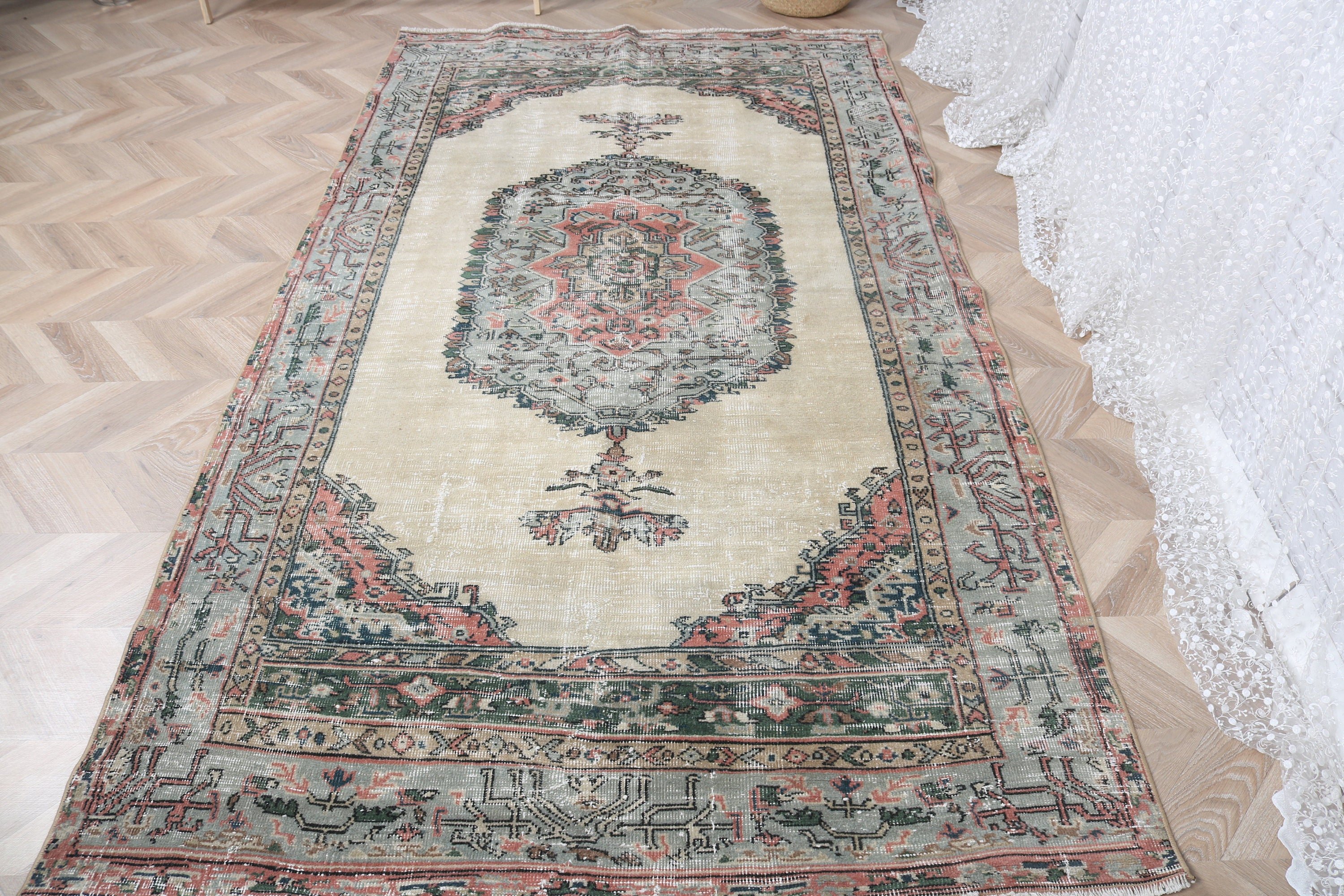 Türk Halıları, Yemek Odası Halıları, Vintage Halılar, İç Mekan Halıları, Bej Yün Halı, El Dokuma Halı, Ev Dekor Halıları, 4,6x8,4 ft Alan Halısı