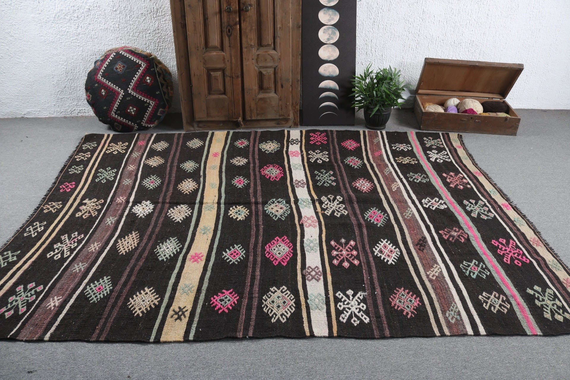 Mutfak Halıları, Siyah Lüks Halılar, Yemek Odası Halısı, Vintage Halılar, Oturma Odası Halısı, Antika Halı, 6.5x8.8 ft Büyük Halı, Türk Halıları, Kilim