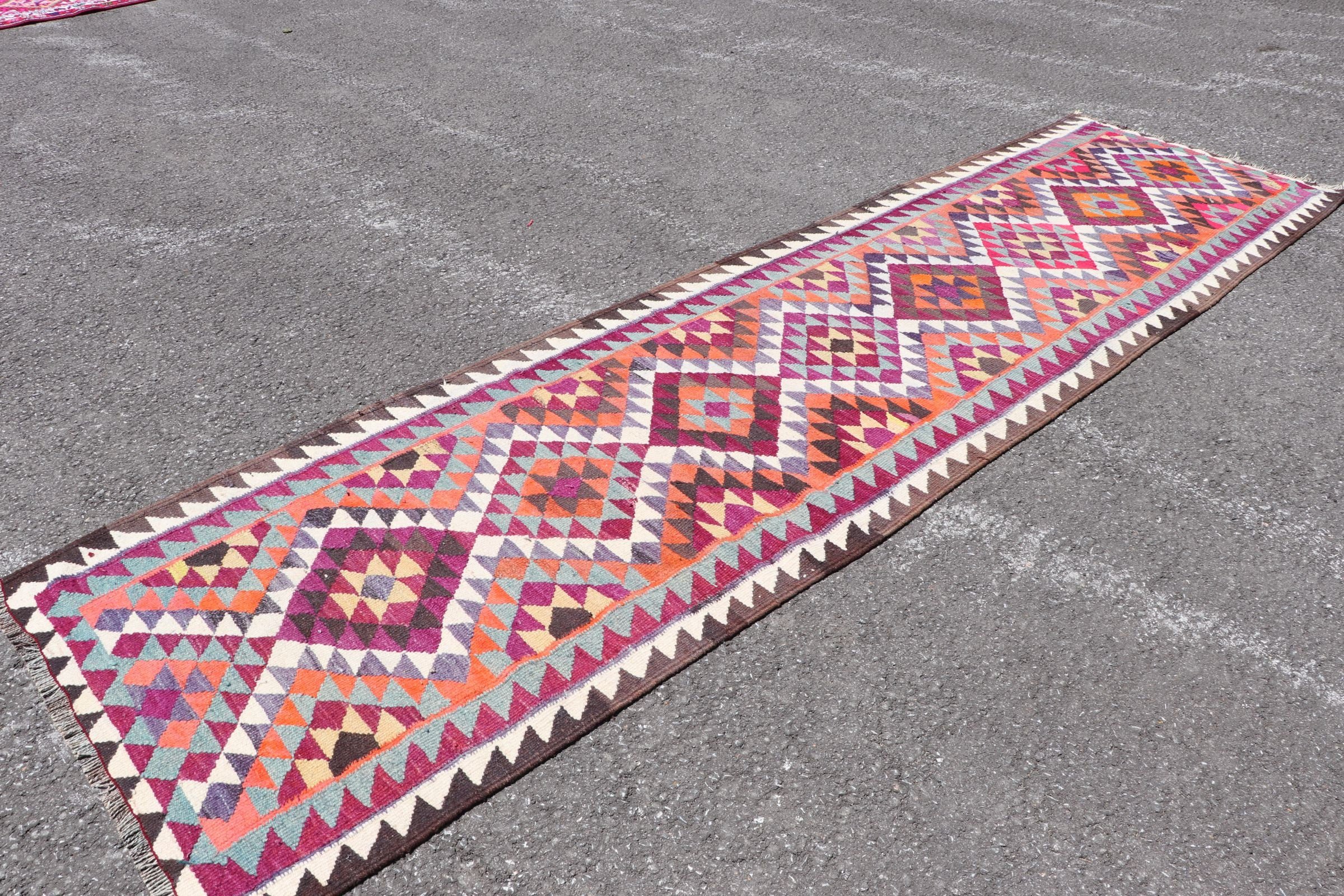 Pink  3.2x11.9 ft Runner Rugs, Kilim, Oushak Rug, Turkish Rug, Vintage Rug, Kitchen Rugs, Hallway Rug, Floor Rugs, Aztec Rug