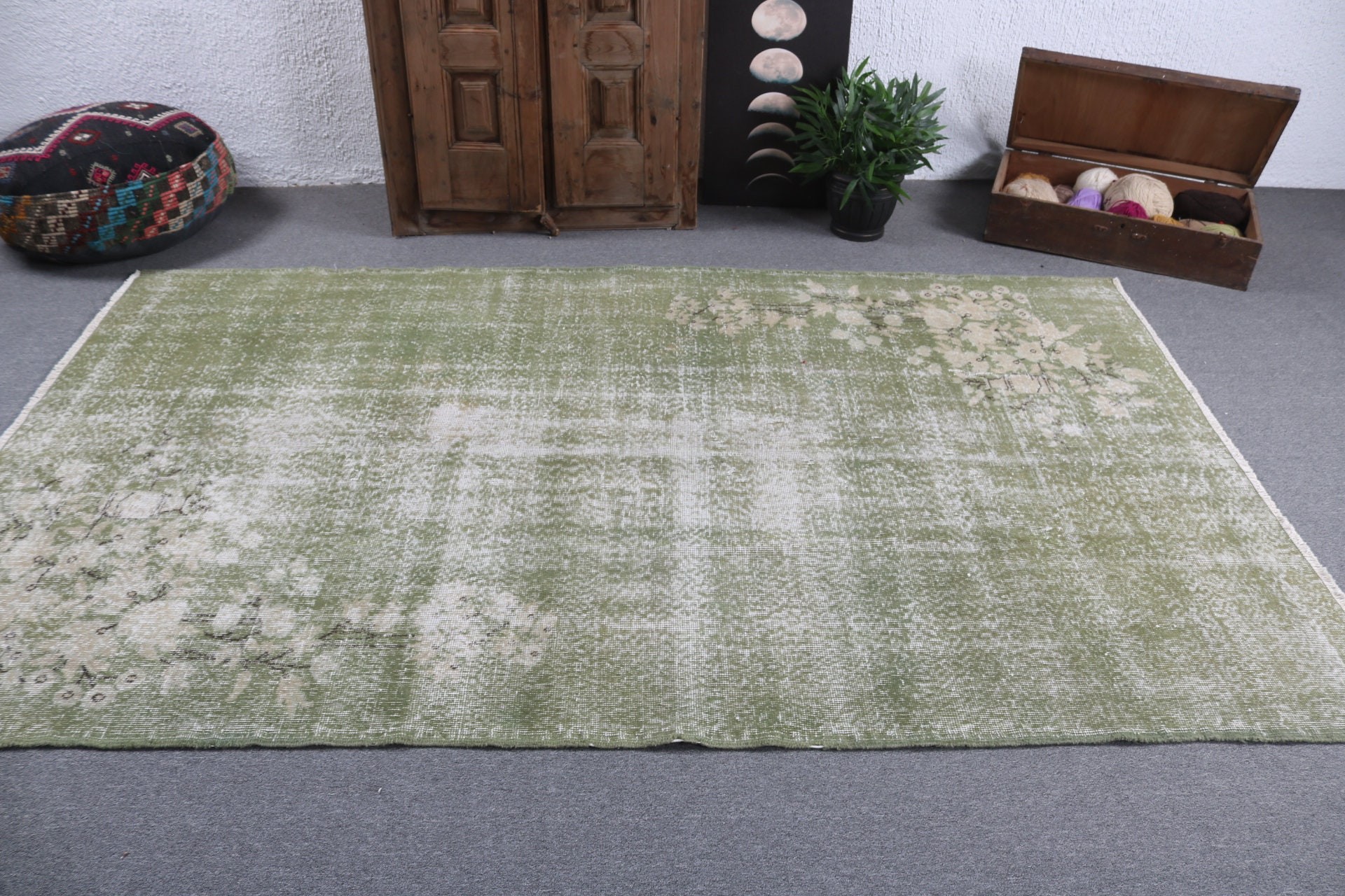 Oryantal Halılar, Hindi Halıları, Oturma Odası Halıları, Büyük Boho Halısı, Yeşil Yün Halısı, Türk Halıları, 5.2x8.6 ft Büyük Halı, Vintage Halılar, Antika Halı